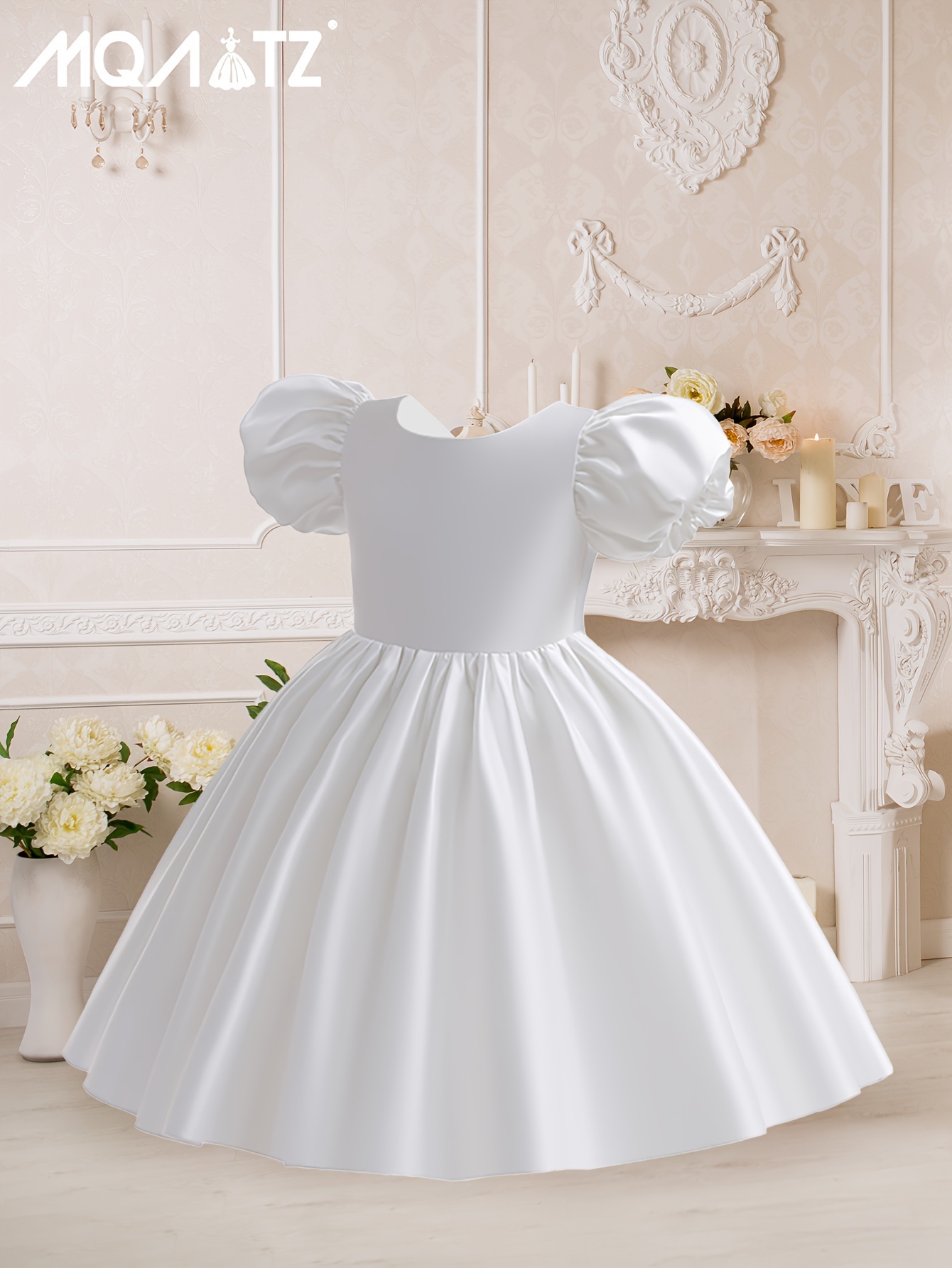  Vestido de satén blanco para niña de las flores de la