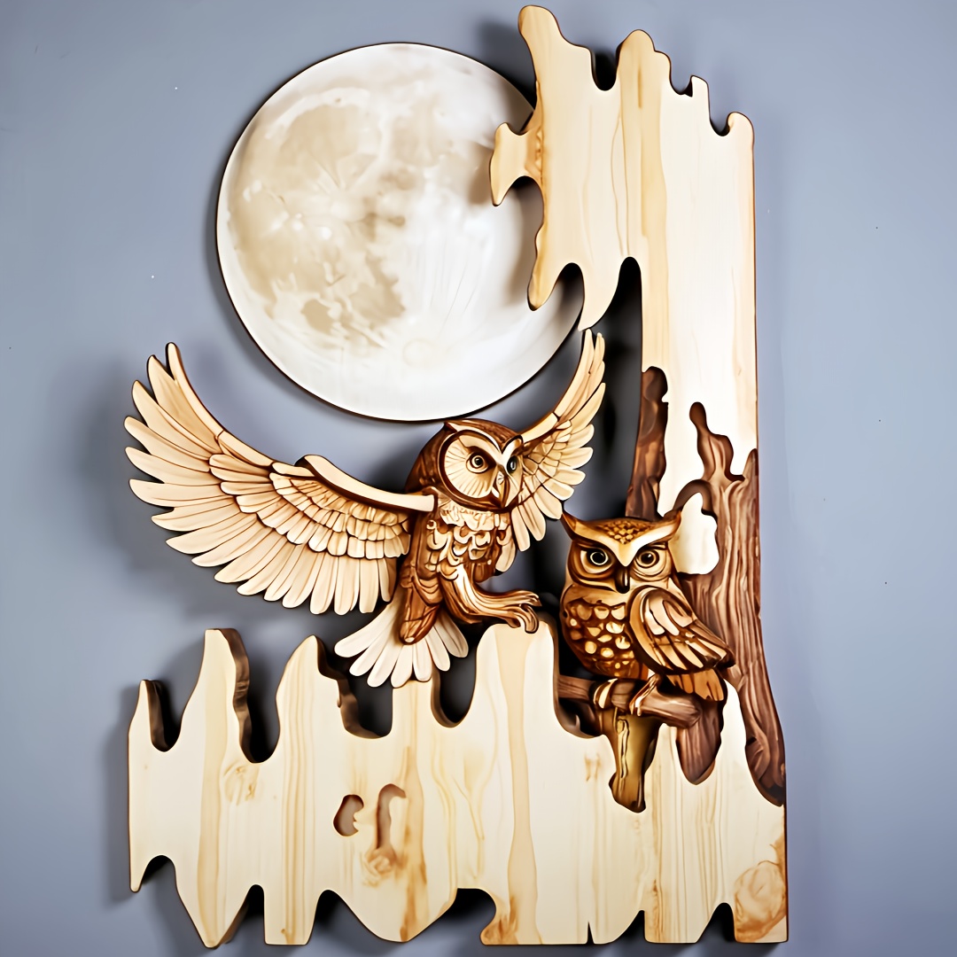 

1pc Wooden Owl And Eagle , 2d Wood Plaque , Hanging , For Decor