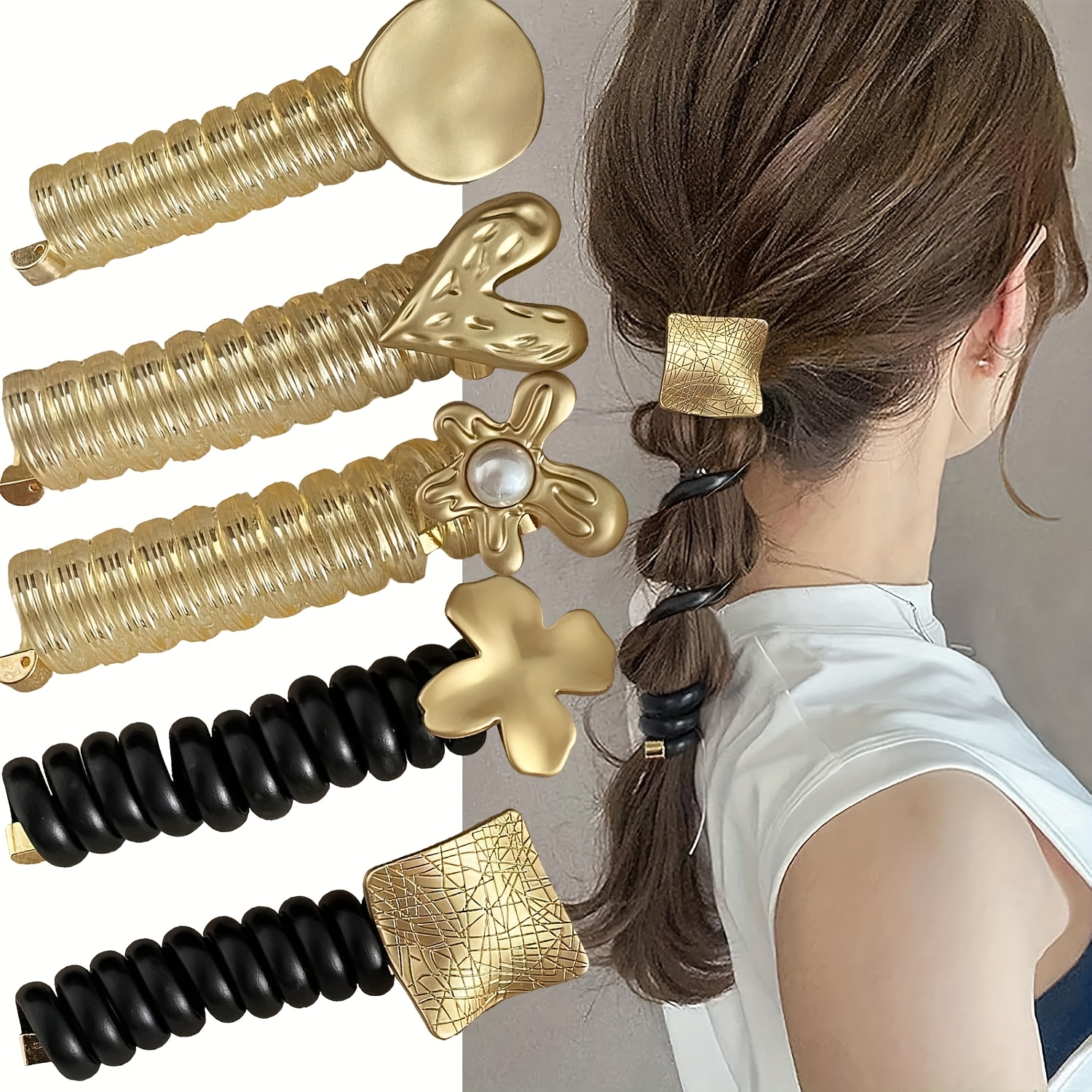 Image of 5pcs Set Minimalist Square Phone Rope Hair High Ponytail Artifact Golden Round Small Flower Telephone Wire Headdress Braided Hair Rope High Elastic Rubber Band Female Hair Tie