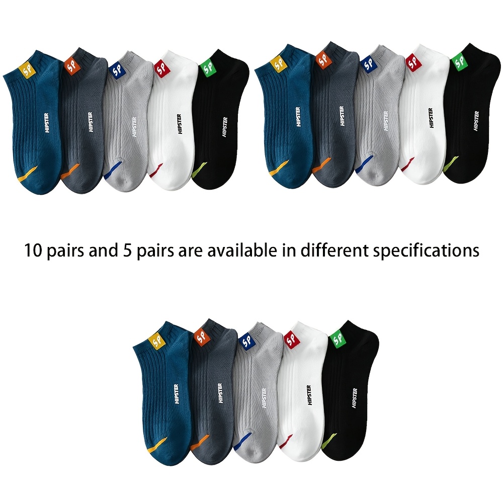 

5 Pairs/10 Pairs Men's Trendy Alphabet Pattern Socks, Polyester 95% & Elastane 5%, Knit Fabric, Anti-odor, Shallow Cuff, Boat Socks, Machine Washable, & Fashionable