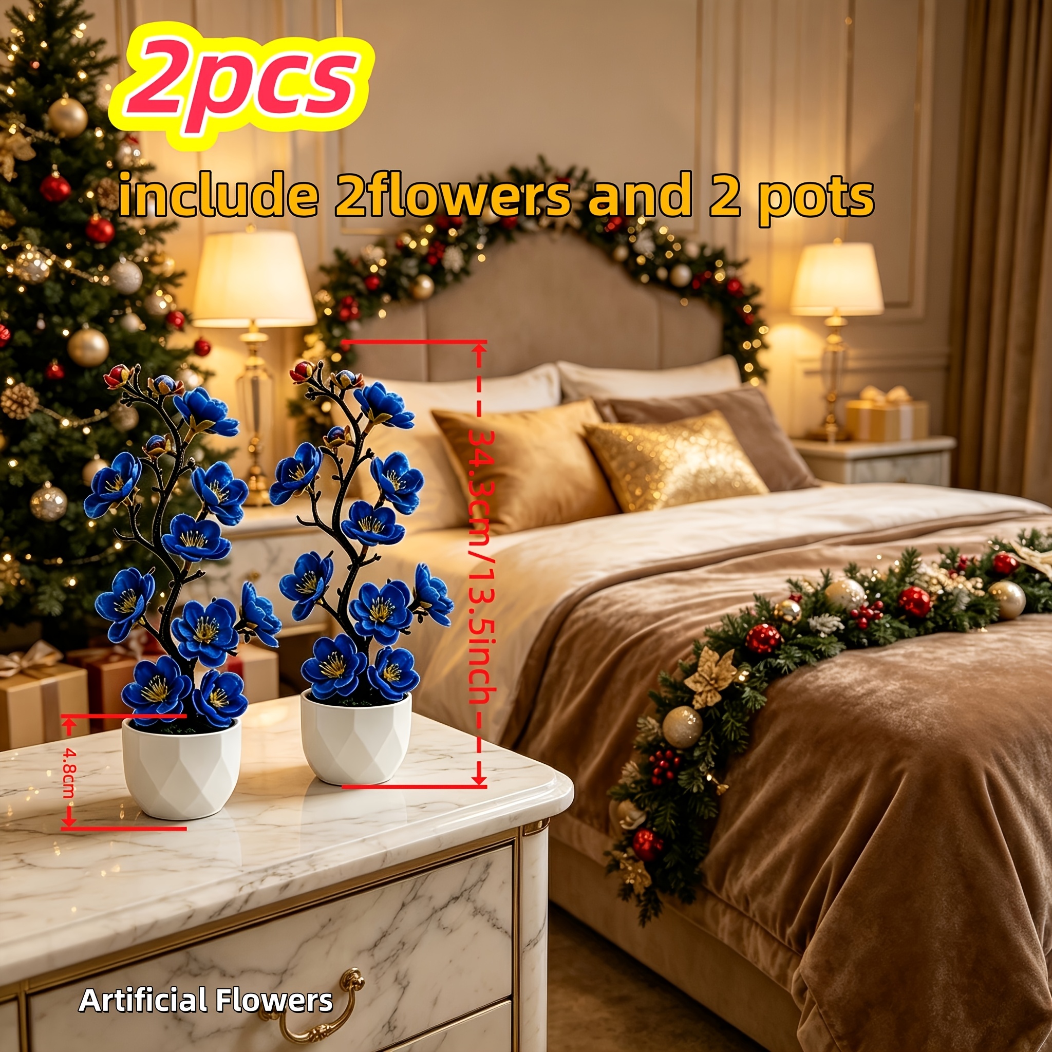 TEMU 2 Sets = 2 Blue Flowers   2 White Pots. Exquisite Home Decor Artificial Flowers, Blue Plum Potted Plants With Full, Three-dimensional . Suitable