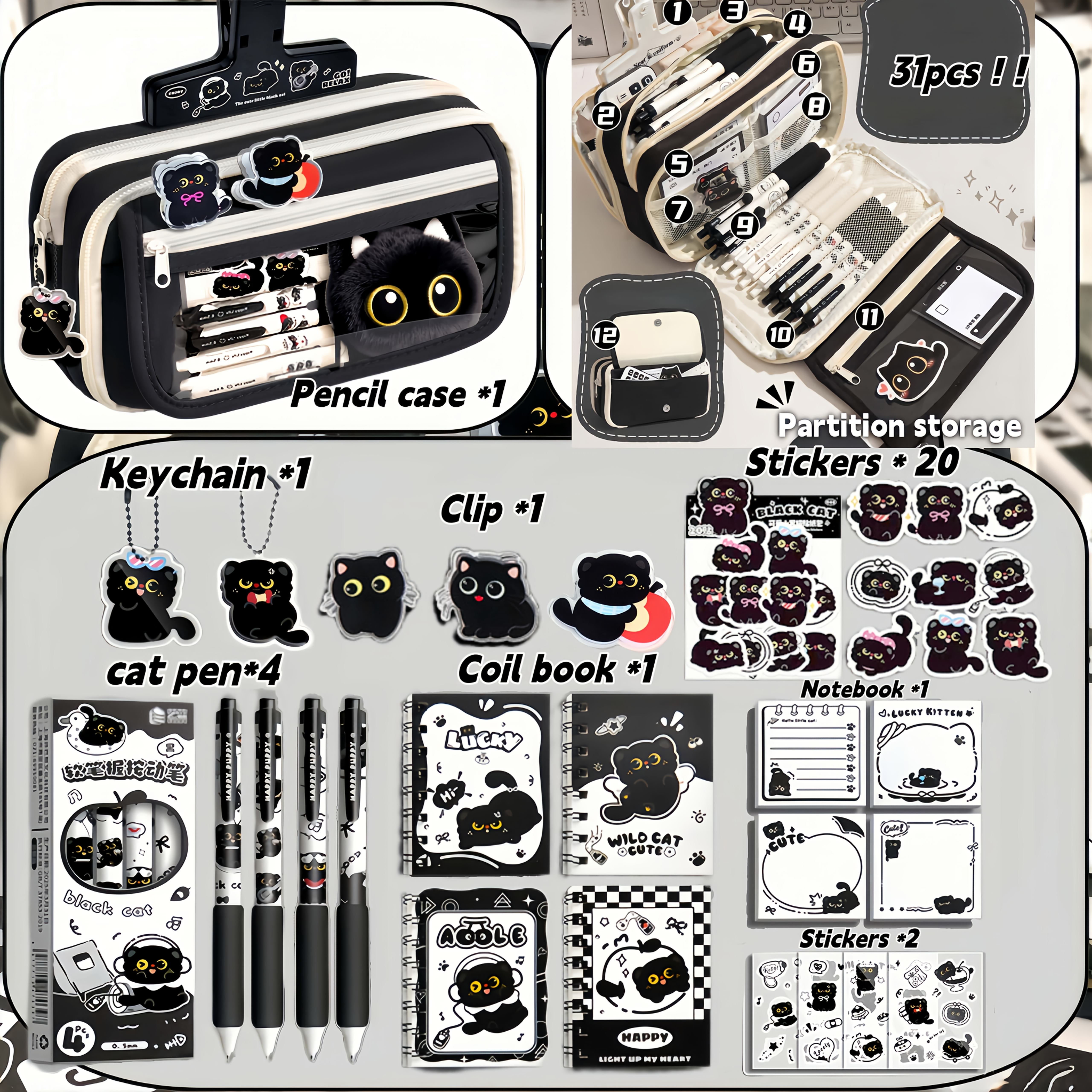 31pcs Spacious Cat-themed Pencil Case Collection With Multiple Layers, Featuring A Canvas Organizer, Stickers, And A Pencil Box, Perfect For Home And School Use, For Back-to-