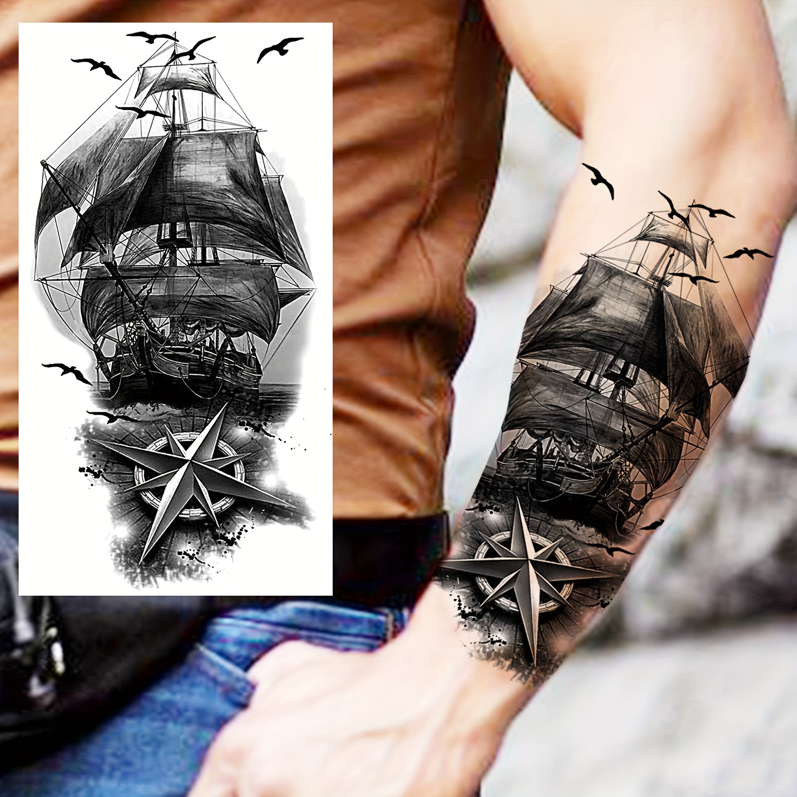 

Realistic Pirate Ship Temporary Tattoo For Men - Waterproof Black Compass And Ship Design - Long Rectangle Shape - Body Art Sticker - Durable And Adhesive