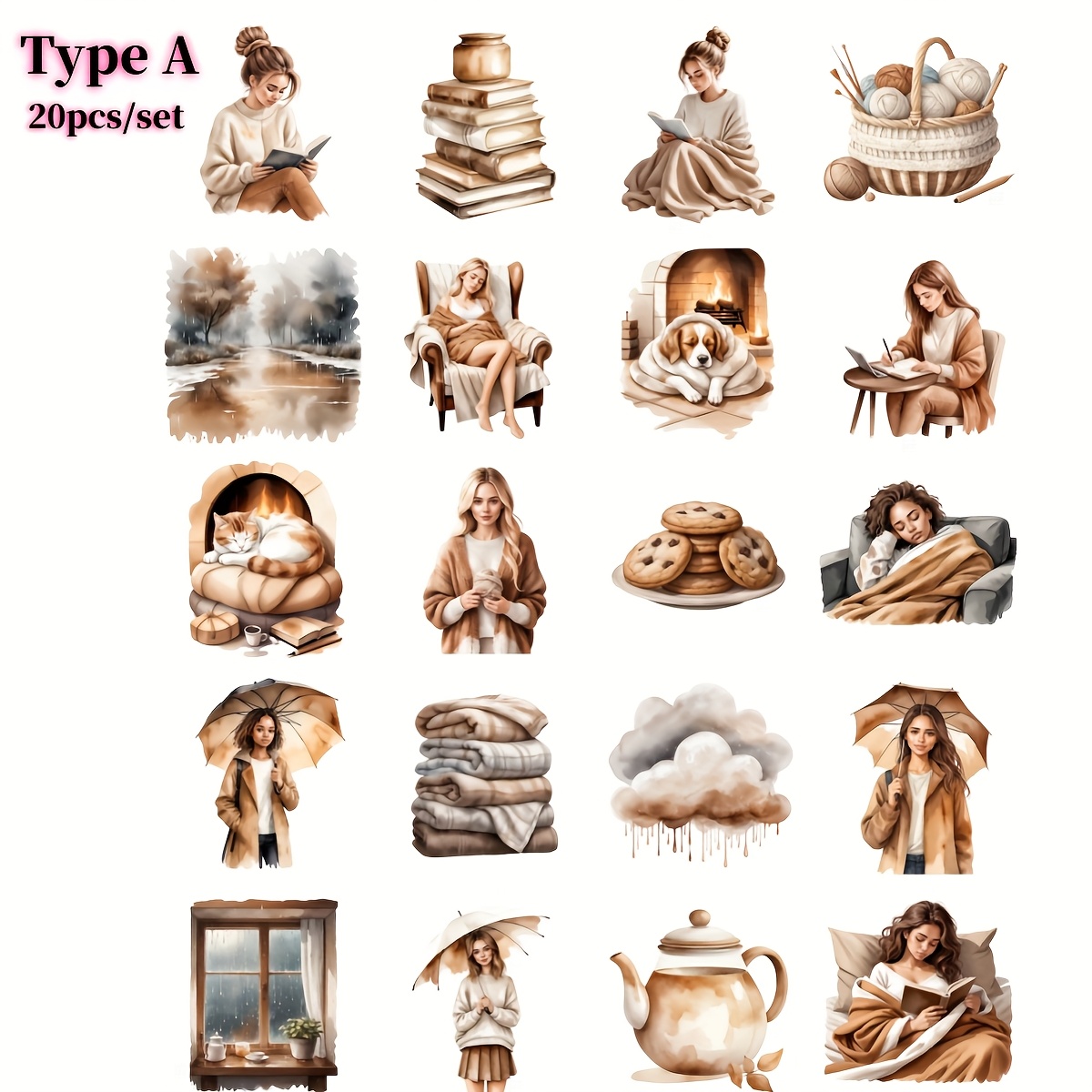 Image of 20pcs/set Creative Retro Warm Home Rain Cat High Quality Sticker Decoration Handmade Diary Sticker Decoration Travel Notebook Sticker Diy Diary Sticker Magazine Decoration