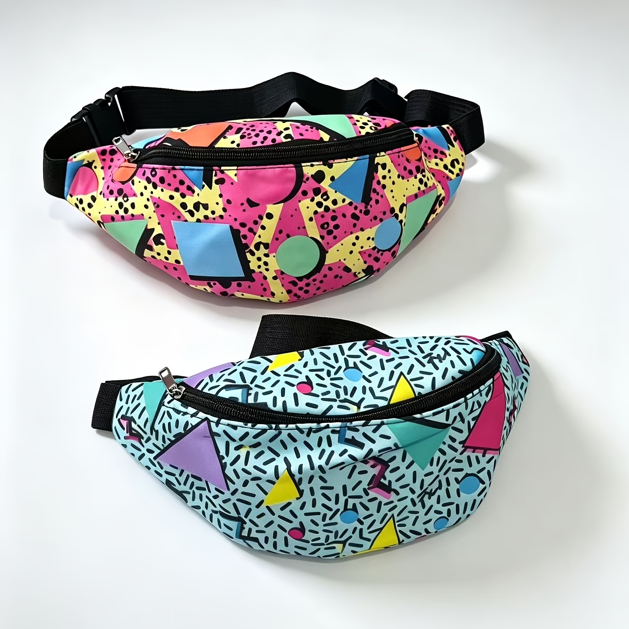 TEMU Couple 2pcs Set Retro Geometric Print Waist Bag, Unisex, Colorful Printed Crossbody Bag, Adjustable Shoulder Strap For Outdoor Riding, Chest Bag