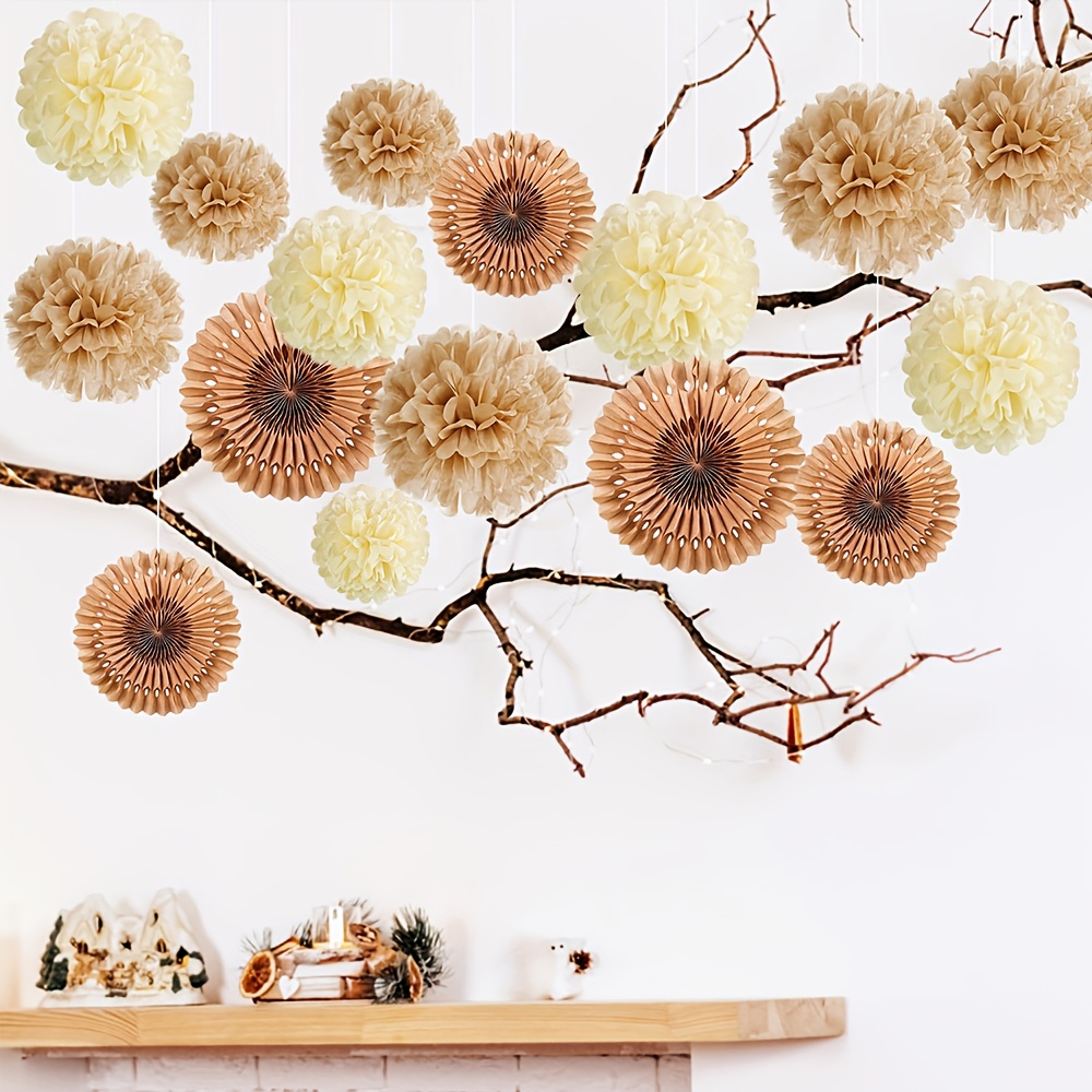 Image of 16pcs Vintage Rice Brown Paper Flower Decoration | Boho Wedding/birthday/anniversary Party Decoration | Plug-free And Easy To Hang, Desktop Centerpiece/wall Art, Texture Plus, For Christmas, Halloween