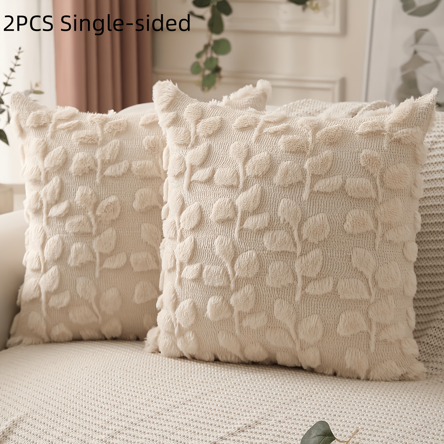 E-shop 2 Sommer-Kissenbezüge, 18X18 Zoll, Bauernhaus-Stil Cremeweiß Beige Eukalyptusblatt Weiche Plüsch Jacquard Sommer-Kissenbezüge, Geeignet für