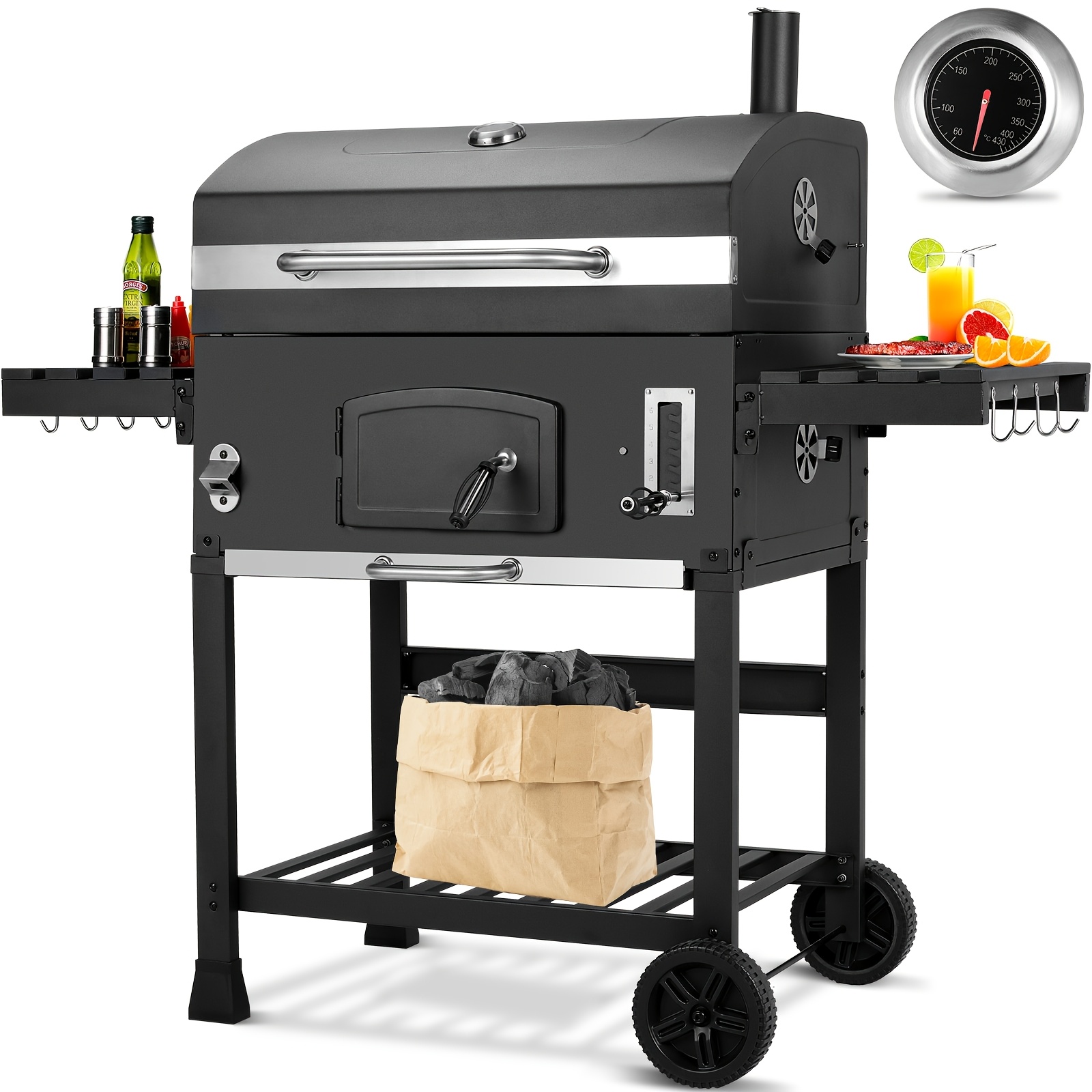Image of Outdoor Grill, Charcoal Grill Xxl, Bbq , Charcoal Grill With Lid, With Grill Rack, , Chimney And Thermometer, Large Charcoal Grill Cart, Suitable For Camping, Garden, Party