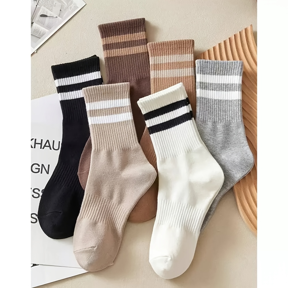 TEMU 6 Pairs Of Two-bar Waist-cinching Striped Korean Easy Preppy Style Couple Mid-calf Socks