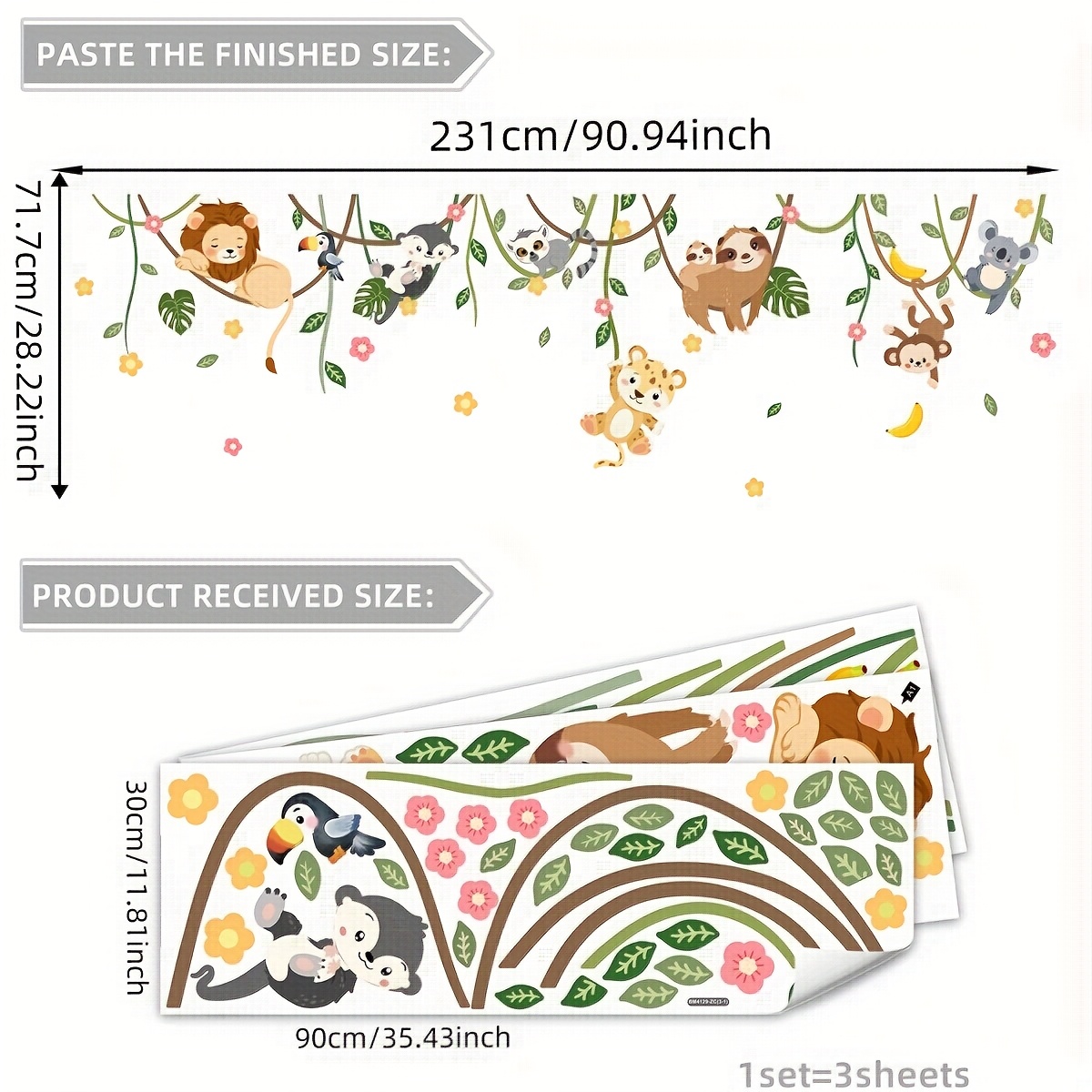 Image of A Set Of 3 Self-adhesive Wall Decals Featuring , , Monkeys, , And Vines For Bedroom, Living Room, Entryway, Or Hallway Ceiling Decoration - Bm4129-zc