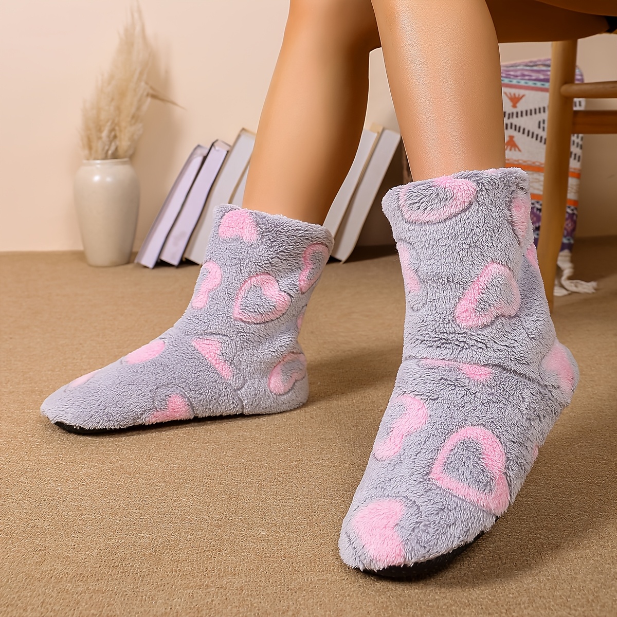TEMU Bottes d'intérieur à imprimé , chaussures post- silencieuses antidérapantes à semelle souple, chaussures pour femmes