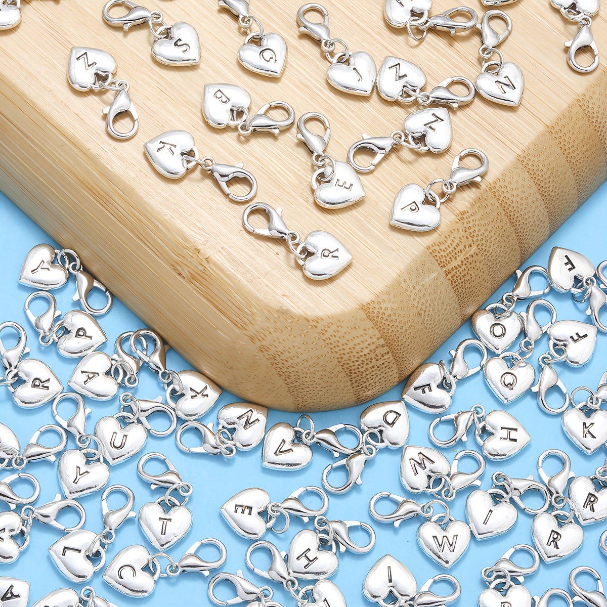 30pcs Silvery A-Z Letter Heart-Shaped Alloy Pendants for DIY Crafting