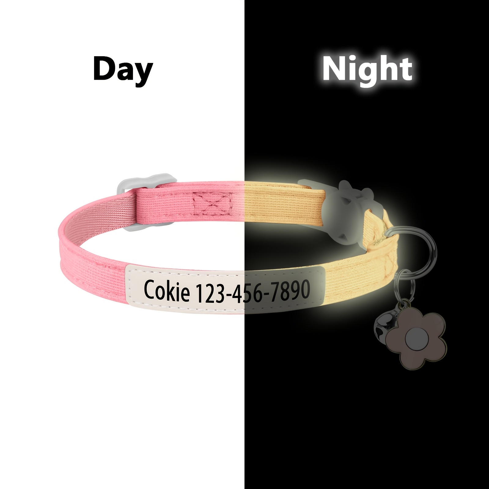 TEMU (customized) Luminous Cat Collar With Name Id Tag Uv Printing Customized Information 4 Colors Shiny Cat Collar With Flower Pendant Cat Collar
