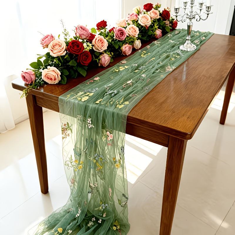 TEMU 1pc Sage Green Table Runner With Tulle Gauze - Rectangular Suitable For Wedding, Bridal Shower, Birthday Party Decorations, Spring Summer &
