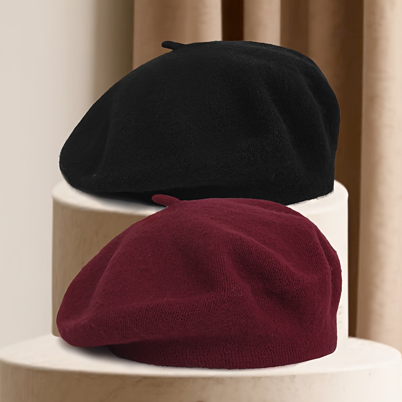 TEMU 2pcs/Set Ensemble Coiffure Femme Beret Chapeau Couleur Unie Automne Hiver Style Facile Mode Bord Beret Chapeau Multicolore Optionnel Adapté à un