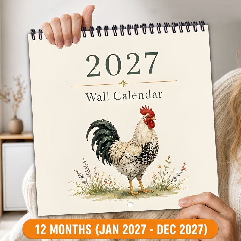 TEMU 1 X 2027 December Wall Calendar, 2027 To December 2027, 21x21cm Square Farmhouse Style Rooster Wall Calendar, Single-wire Spiral Binding, Large