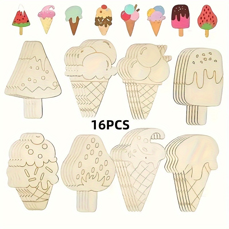 Image of 16pcs Diy Craft Set - Ice Cream Cones & Popsicle Shapes, Unfinished Wood For Painting & Home Decor, Perfect For Holidays Like Halloween, Christmas, Easter, Thanksgiving