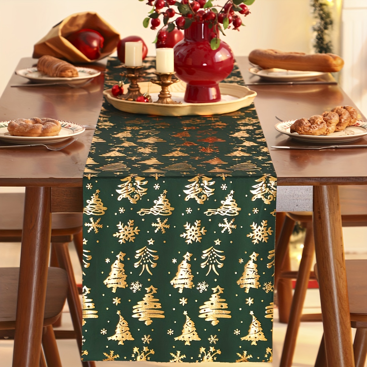 

Velvet Christmas Tablecloth With Trees & Snowflakes - Rectangular, Woven Polyester For Dining & Living Room Decor