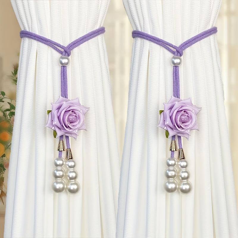 TEMU 2pcs Bohemian Hand-tied Curtain Tie-backs With Pearl & Beads - Realistic Roses, Elegant Knots, Durable Cord For Window Drapes - Options (for, Wedding,)