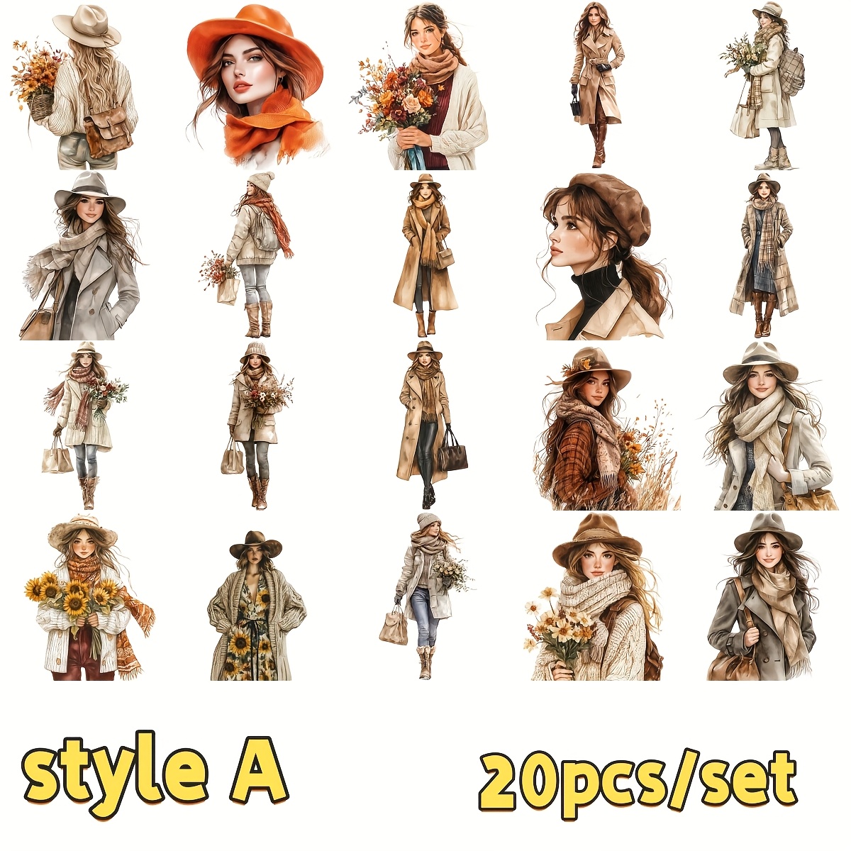 E-shop 2D Flach 20er-Set Herbst-Damen-Serie -Aufkleber, 2D Flach