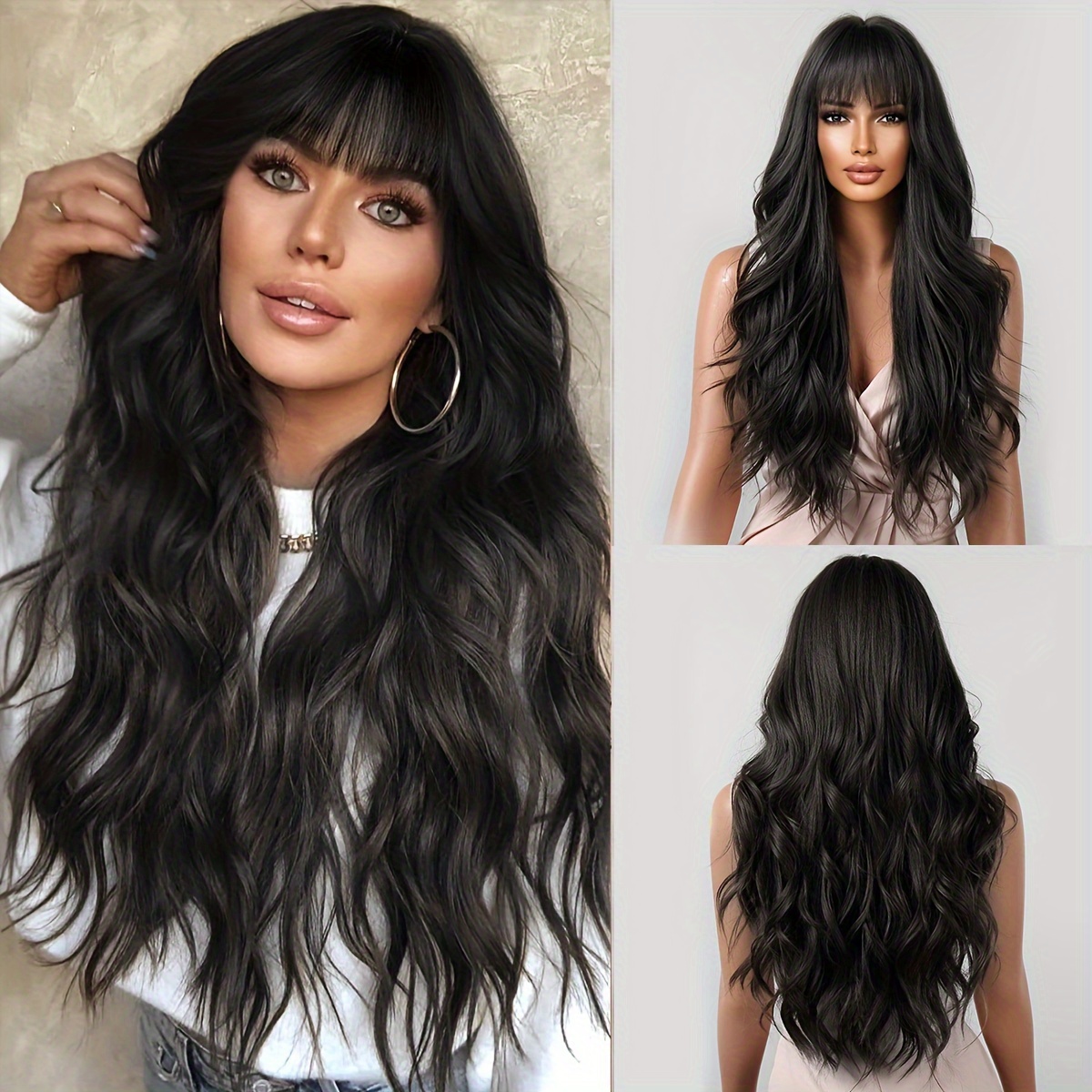 

28 Inch Wig Head Covering Bangs Black Long Curly Hair Ladies Matte High Temperature Silk Rose Mesh Cap