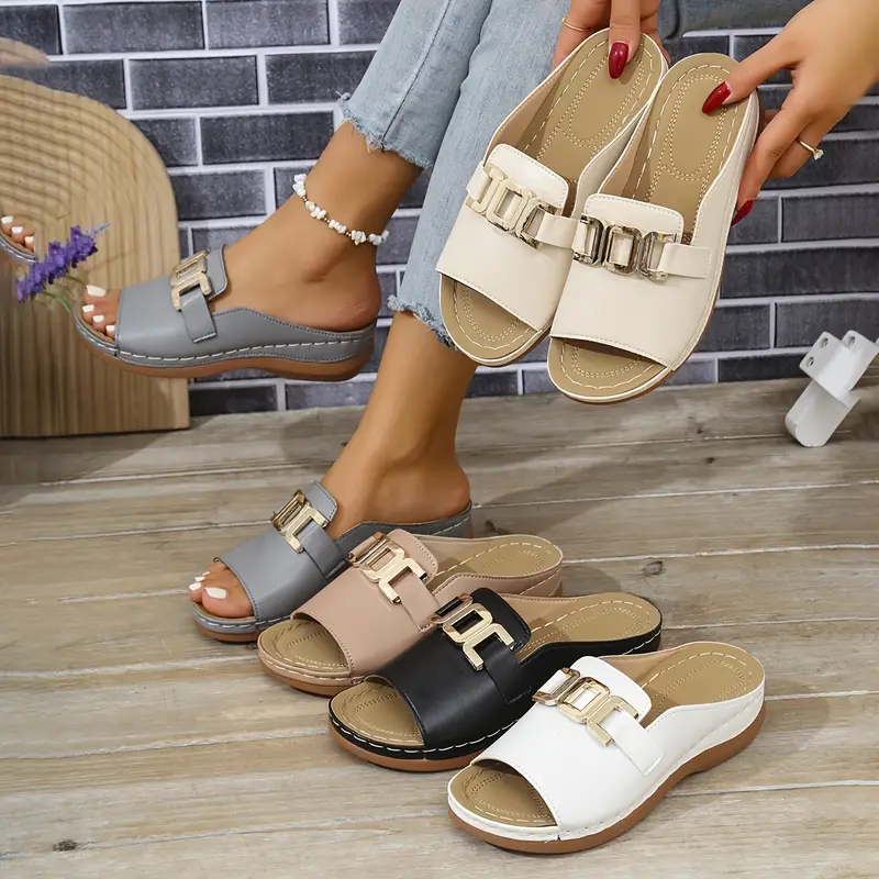 stylish womens black platform sandals with golden accent comfortable slip on open toe design pu cover sole for casual attire ladies sandals details 11