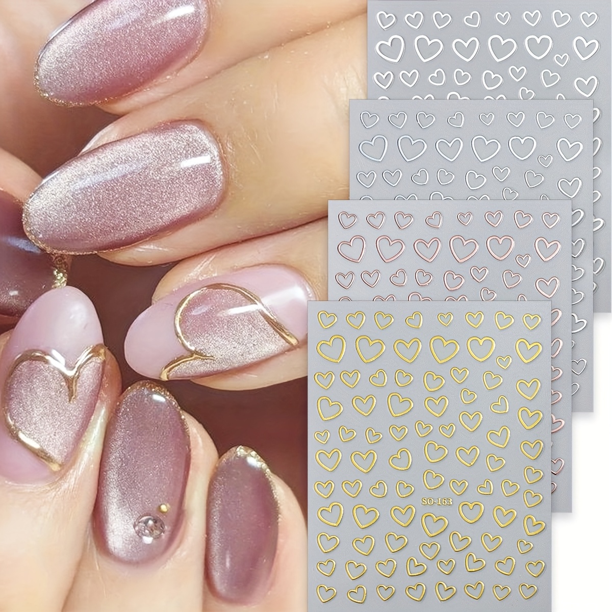 Image of 4 Sheets Romantic Hollow Love Heart Nail Stickers Golden Silvery White Rose Heart 3d Nail Art Decals Sweetheart Diy Adhesive Sliders Nail Art Decoration