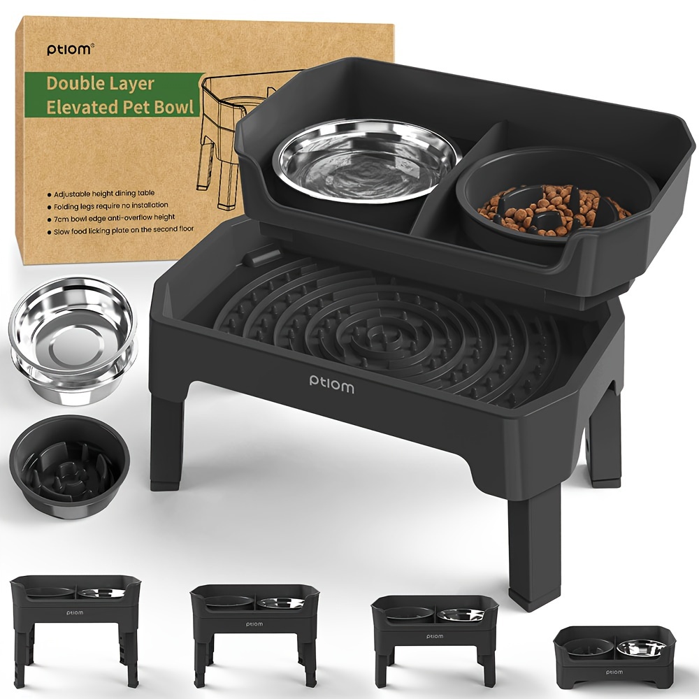 

4-in-1 Elevated Slow Feeder Dog Bowls, 4 Height Adjustable Mess Proof Raised Dog Bowl Stand Licking Plate With 2 Stainless Steel Dog Food Bowls & 1 Slow Feeder For Small Medium Large Dogs Pets Black