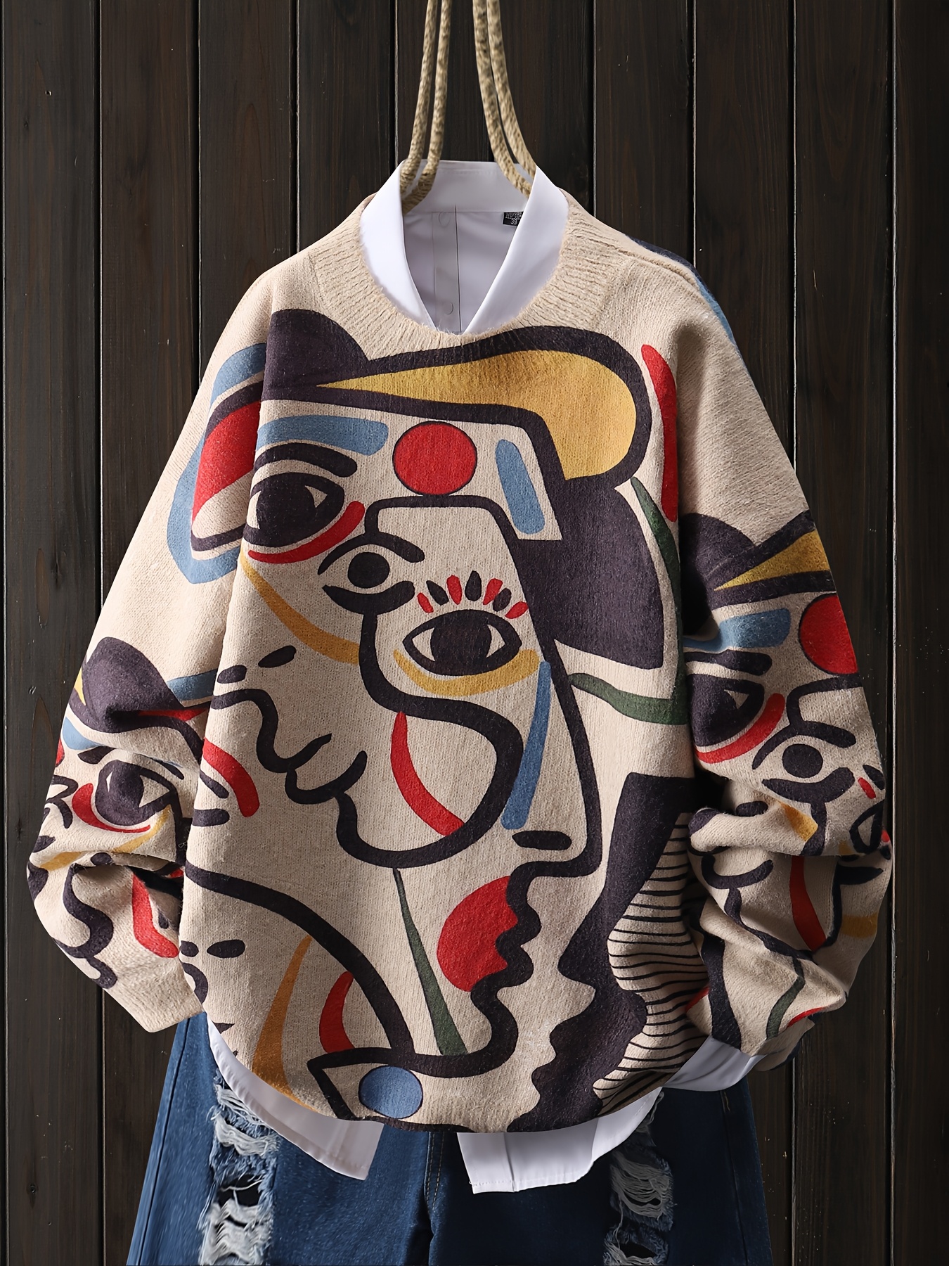womens abstract face geometric print pullover soft viscose blend loose fit long sleeve   washable   casual elegant sweater