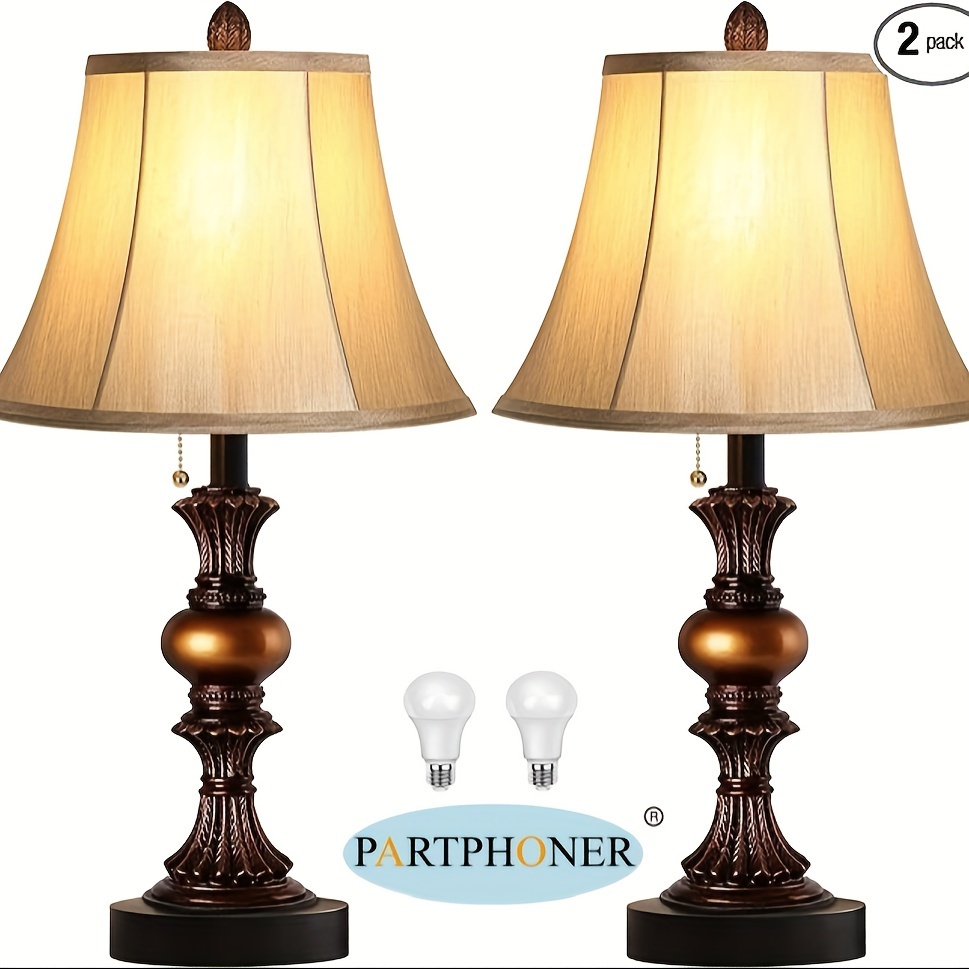 

Traditional Table Lamp Set Of 2, Vintage Bedside Lamps With 3 Color Temperatures Led Bulbs, Classic Bronze Desk Lamps Shape Faux Silk Shade For Living Room, Bedroom, Pull Chain Switch