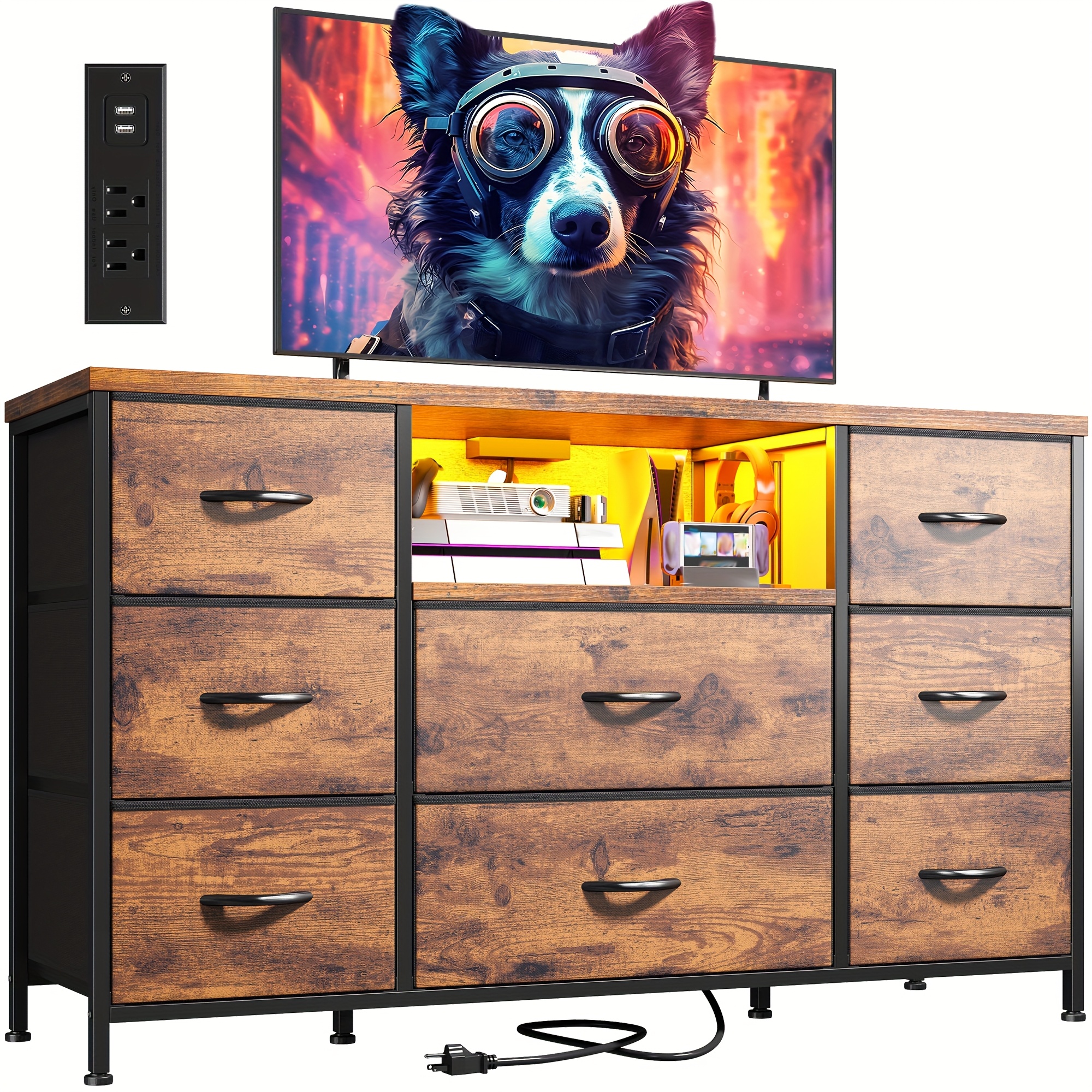 TEMU A Dresser With 8 Drawers, Measuring 55 Inches, Designed As A Tv Stand Featuring Led Lights And A Charging Station. This Piece Is Suitable For