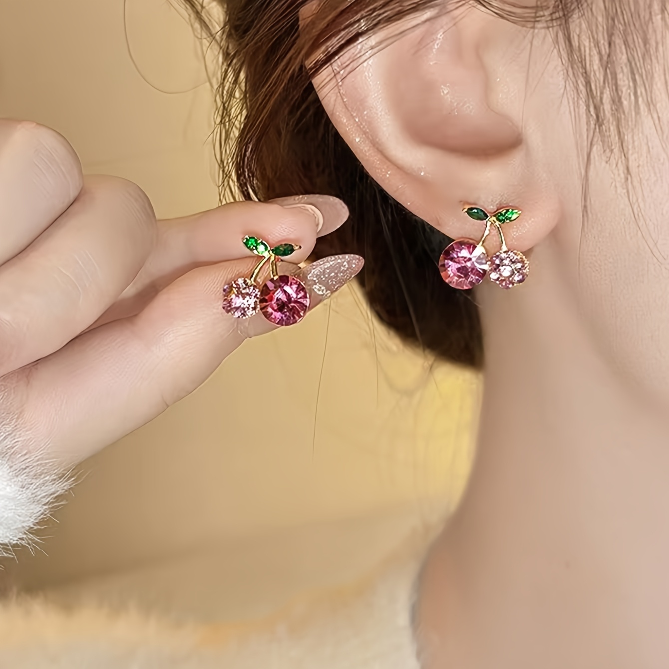 TEMU 1 Pair Cherry & Leaf Earrings - Cherry Color Suitable For Daily Wear, Wedding Accessories, Christmas Gifts, Valentine's Jewelry, Outfits, Studs