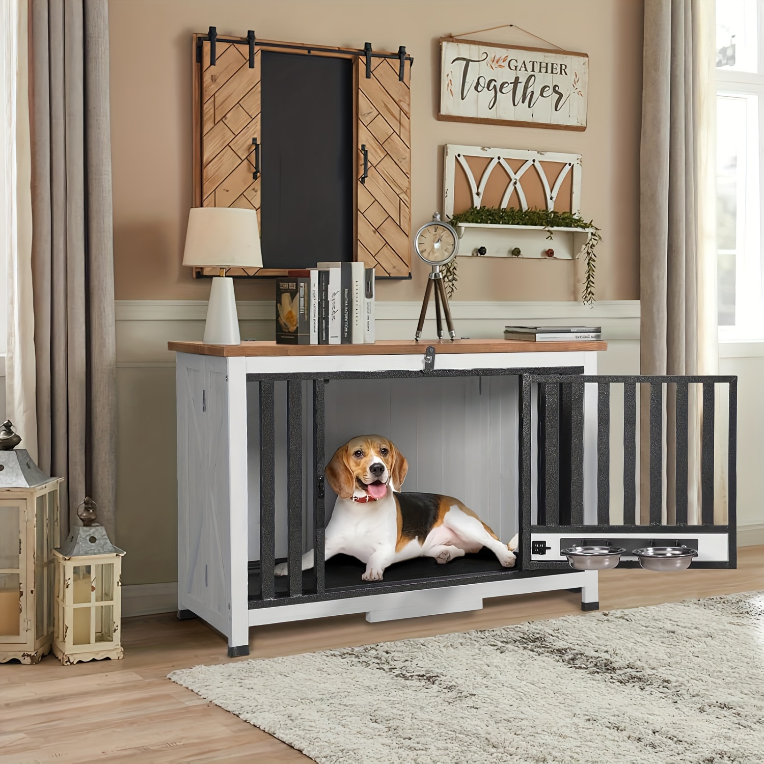 

Aivituvin Dog Crate Furniture Indoor, Foldable Dog Kennel For Medium Dogs With 2 Bowls, Solid Wooden Dog House Side End Table