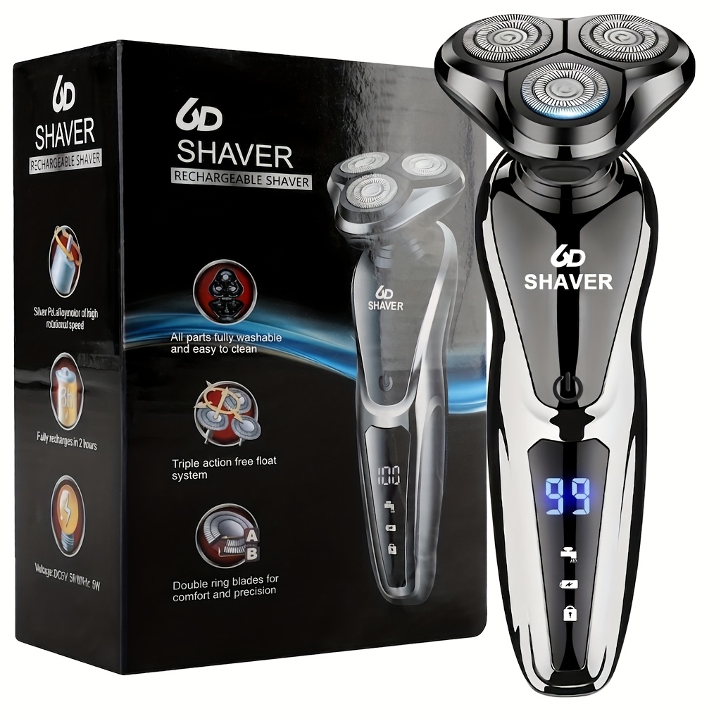 TEMU Men's Electric Shaver, 3-head Rotary Razor With & Nose Hair Trimmer, Usb Rechargeable, Ipx6 Waterproof, Washable Grooming Kit With Digital