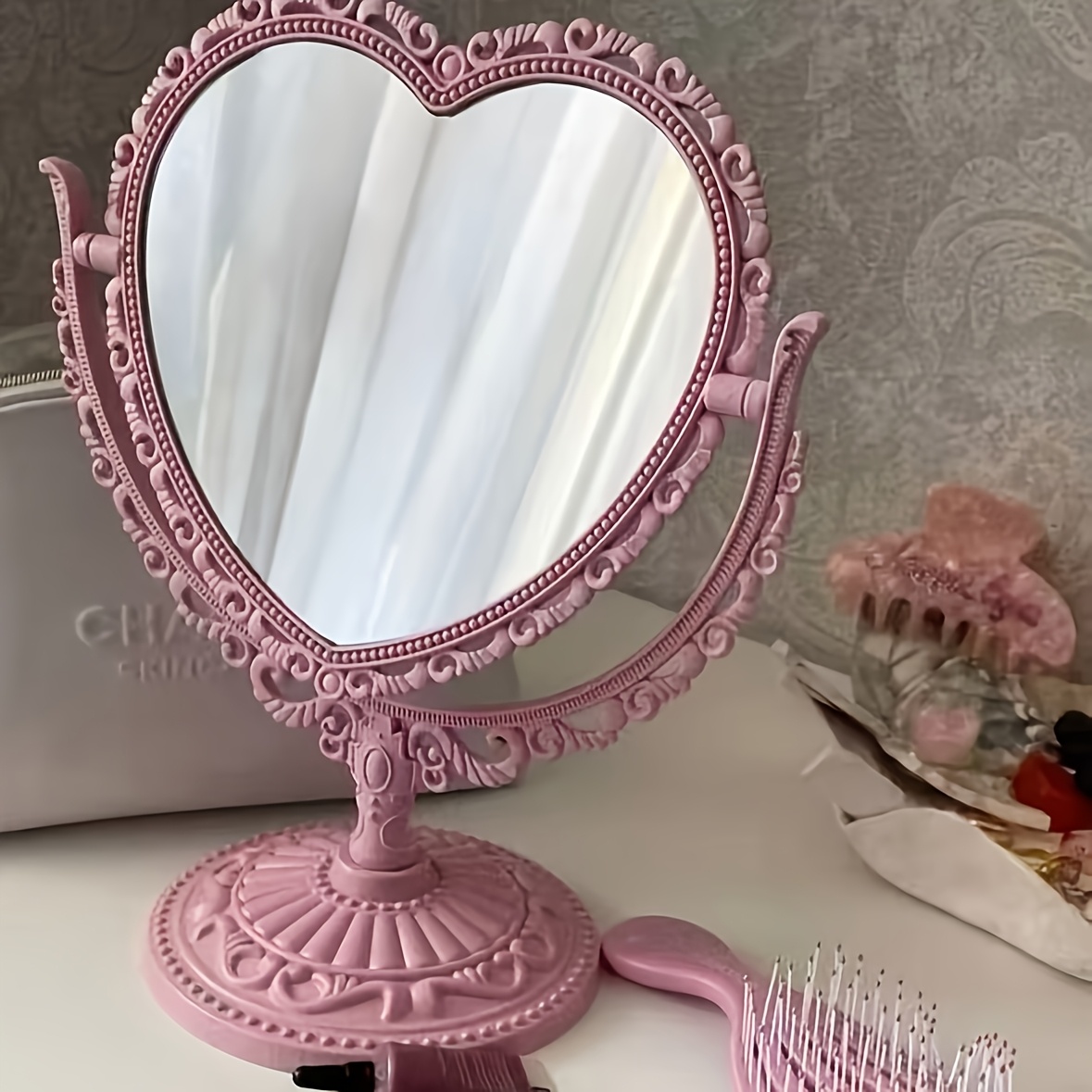 TEMU de léger 1 pièce de cœur rotatif à 360°, de maquillage HD, de coiffeuse de table texturé, de HD, grossissement 1x/2x, de maquillage rotatif, de