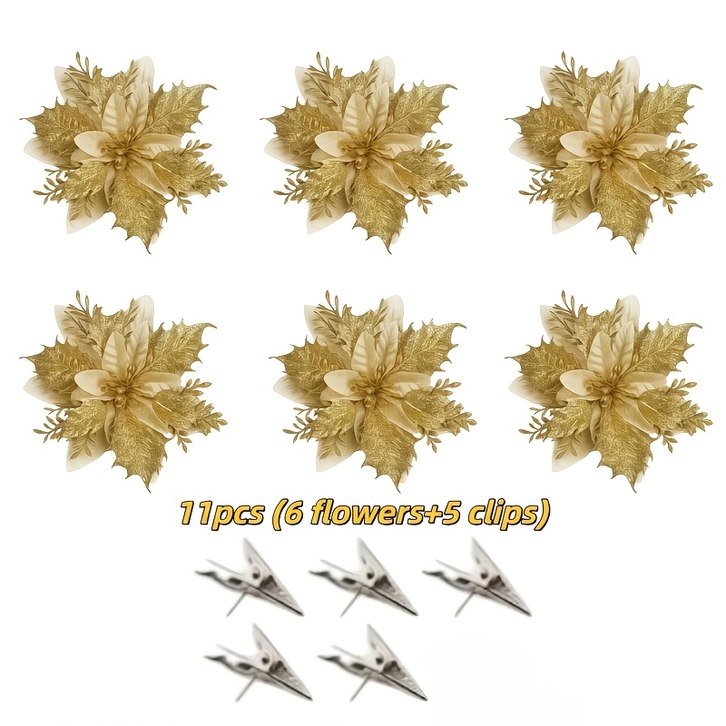 TEMU 11pcs Set: 6 Golden Artificial Christmas Flowers With Clips - Realistic Layered Decor, Suitable For Christmas Trees, Weddings, And Party