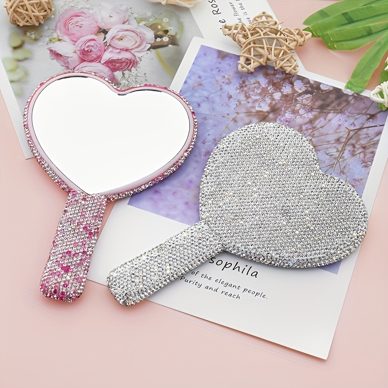 

Luxury Heart-shaped High- Handheld Mirror With Glitter Handle Portable Makeup Mirror High-value Luxury Supply Mirror Abs Fashion High-end Inlaid Diamond Handle - Diamond Handheld Mirror