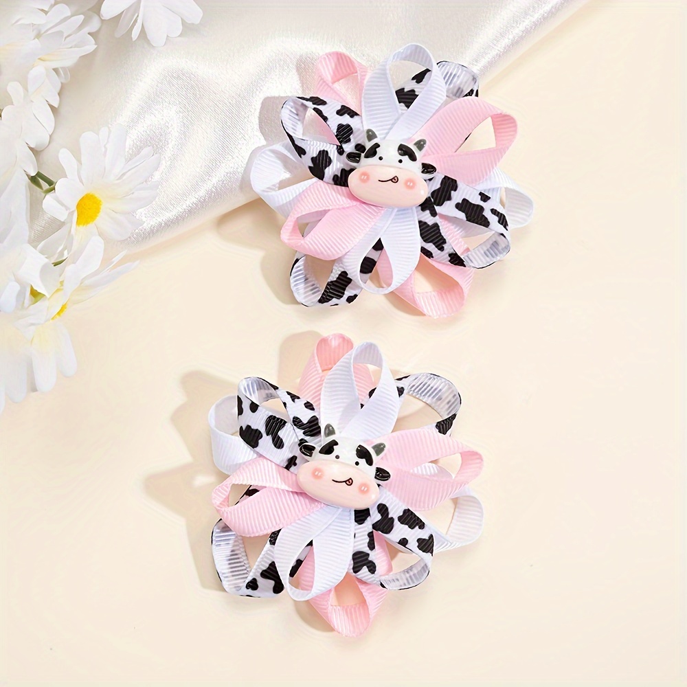 TEMU 2 pinzas para el cabello con estampado de vaca, cinta de grosgrain y forma de flor, adornos para el cabello para uso diario e