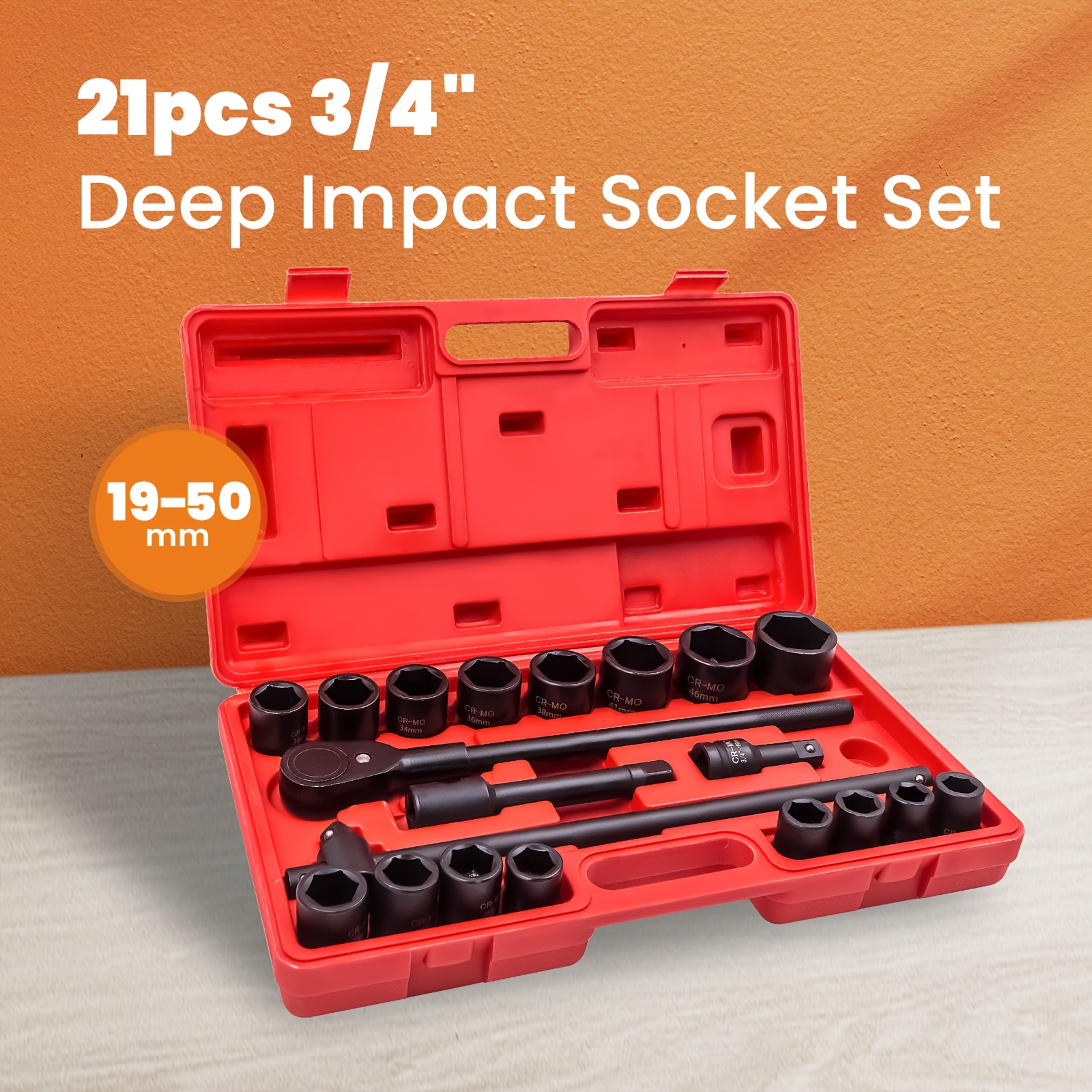 TEMU Impact Deep Socket Set 19mm-50mm 3/ 4" Ratchet Extension Sliding Bar