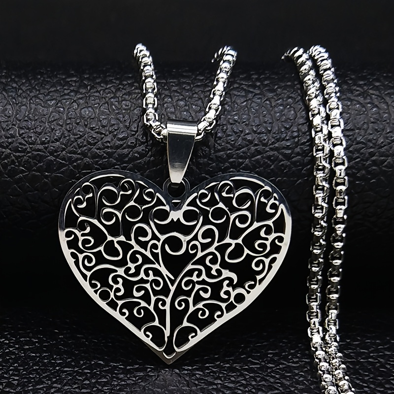 TEMU 1 pz Collana con ciondolo a forma di cuore Albero della Vita in acciaio inossidabile - con motivo traforato per donna, elegante per feste ,
