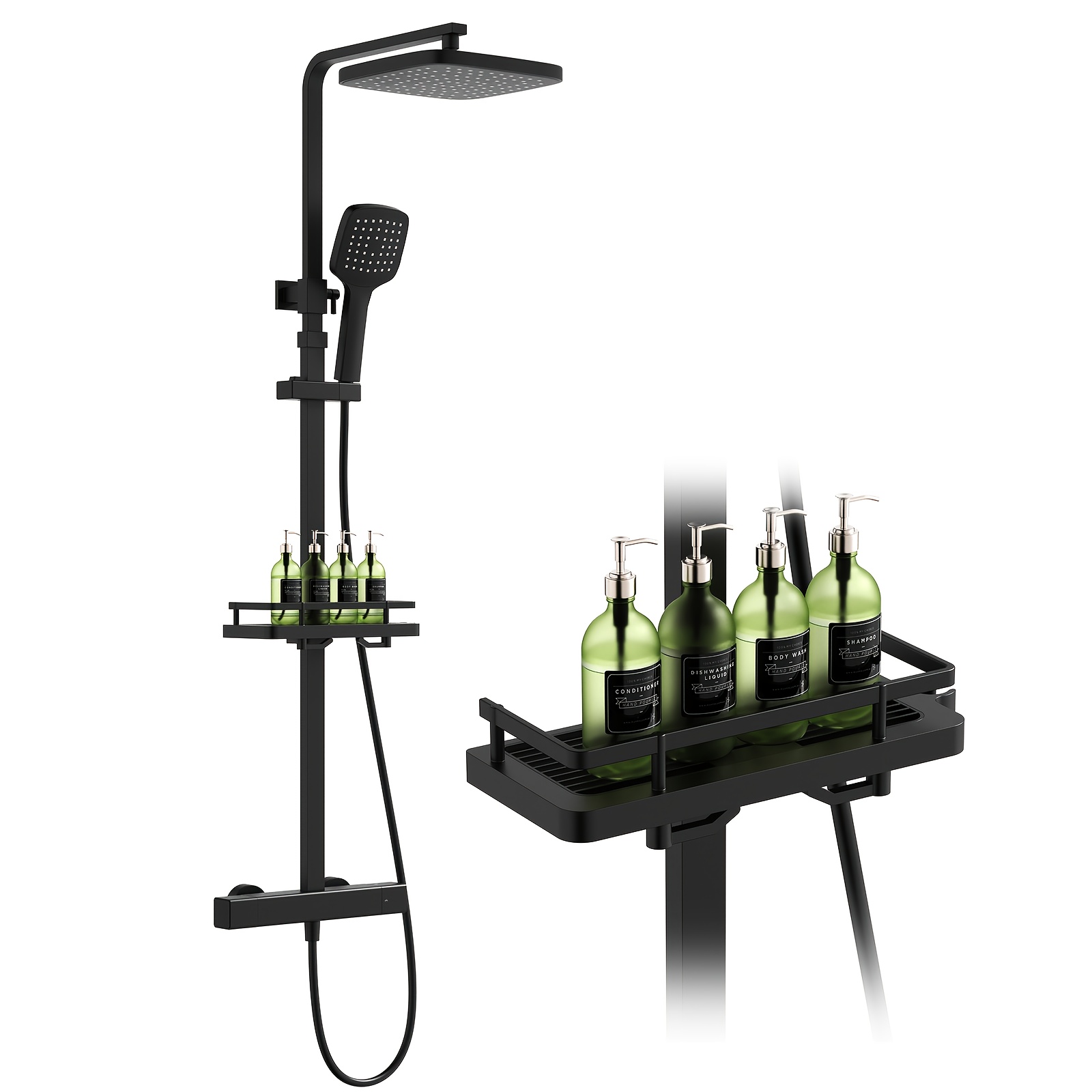 Shower System With Thermostat And Shower Shelf Black - Complete Shower Fitting Set With Hand Shower And Head Shower - Adjustable Height, 38° Lock, Wall Mounting For Modern Bathrooms