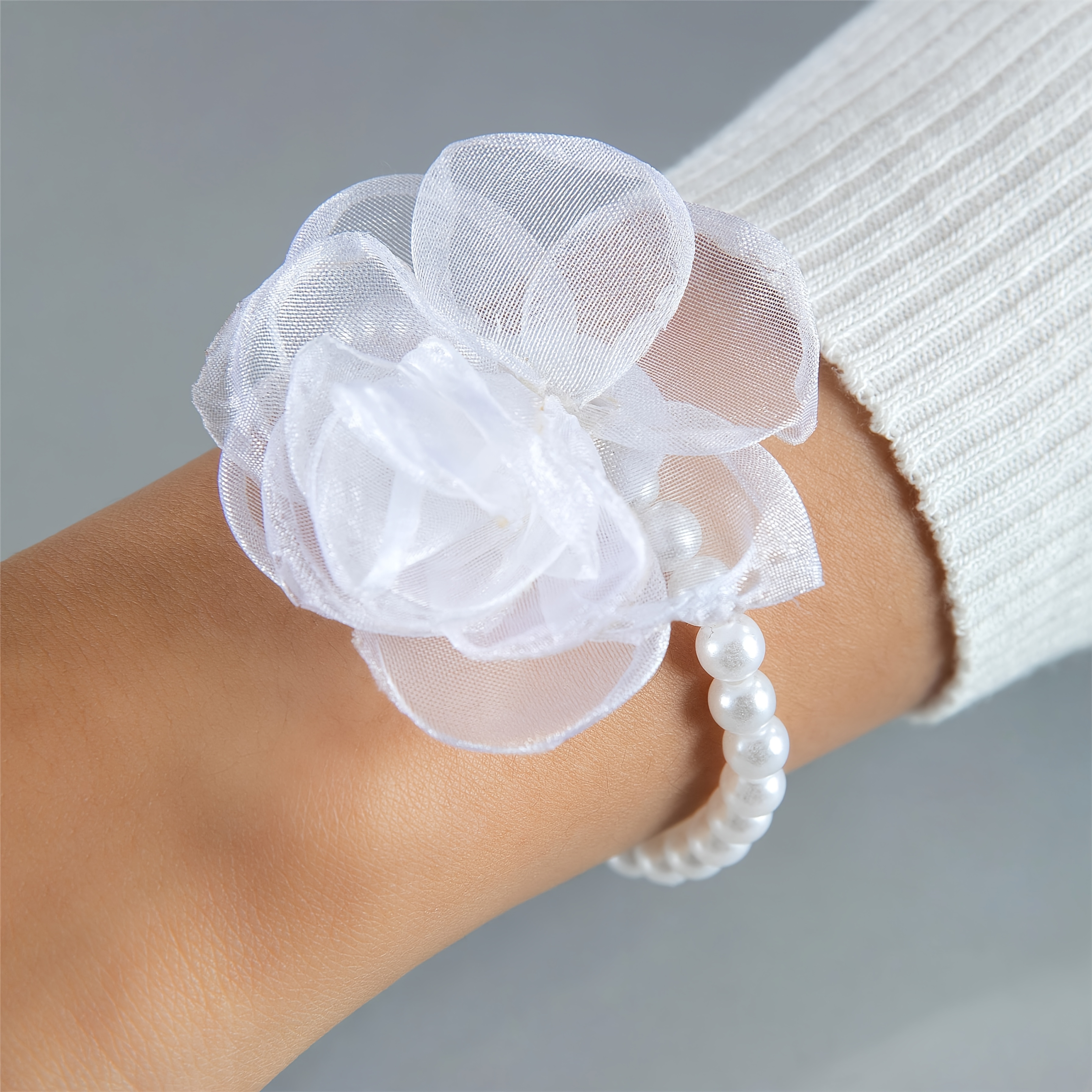 TEMU 1 pieza de pulsera de cadena de perlas de de flores de encaje de poliéster , minimalista, versátil y a para mujer, elegante y con personalidad,