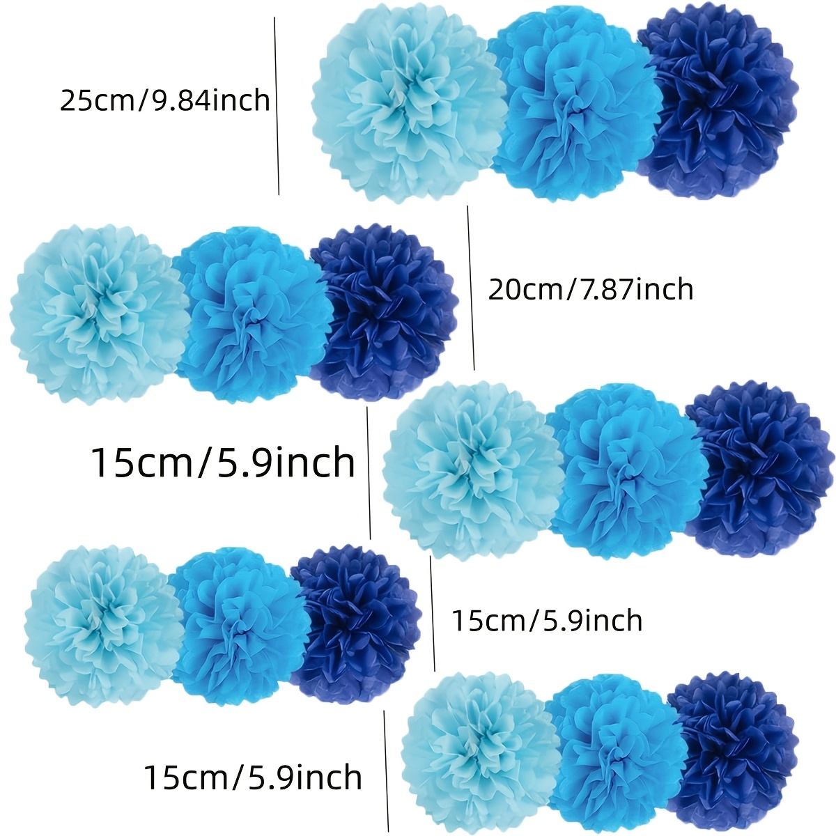 15pcs Paper Pom Poms - Hanging Paper Flowers For Wedding Birthday Graduations Christmas And Special Occasions Ocean Party Decorations(6 &8 & 10 Inch),for Christmas, Halloween