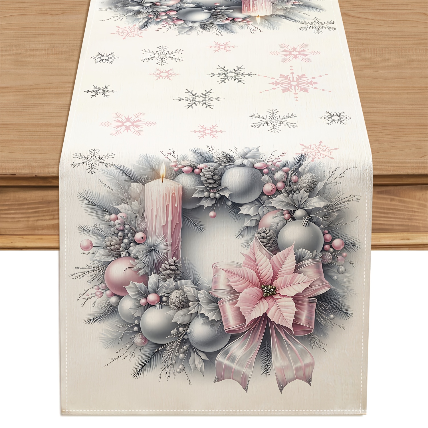 1pc Christmas Table Runner, Snowflake Candle Poinsettia Christmas Ball Pine Branch Wreath Design For Dining Table, Kitchen, Party Decor