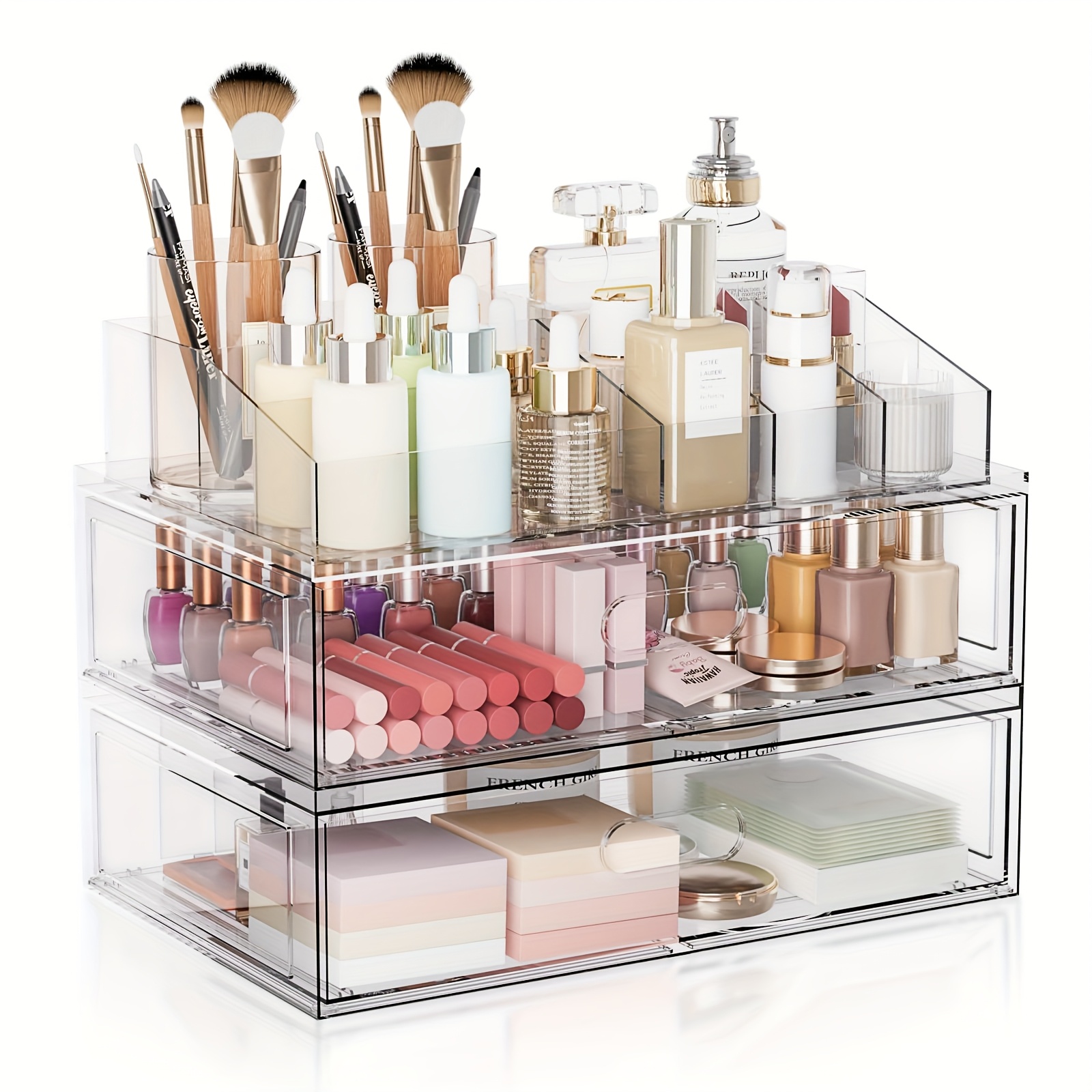 thelife 3 tier clear stackable makeup organizer with 2 drawers multi compartment bin 12 wide acrylic cosmetic storage for vanity bathroom countertop space saving   product organizer makeup vanity desk   antislip features smooth sliding rails
