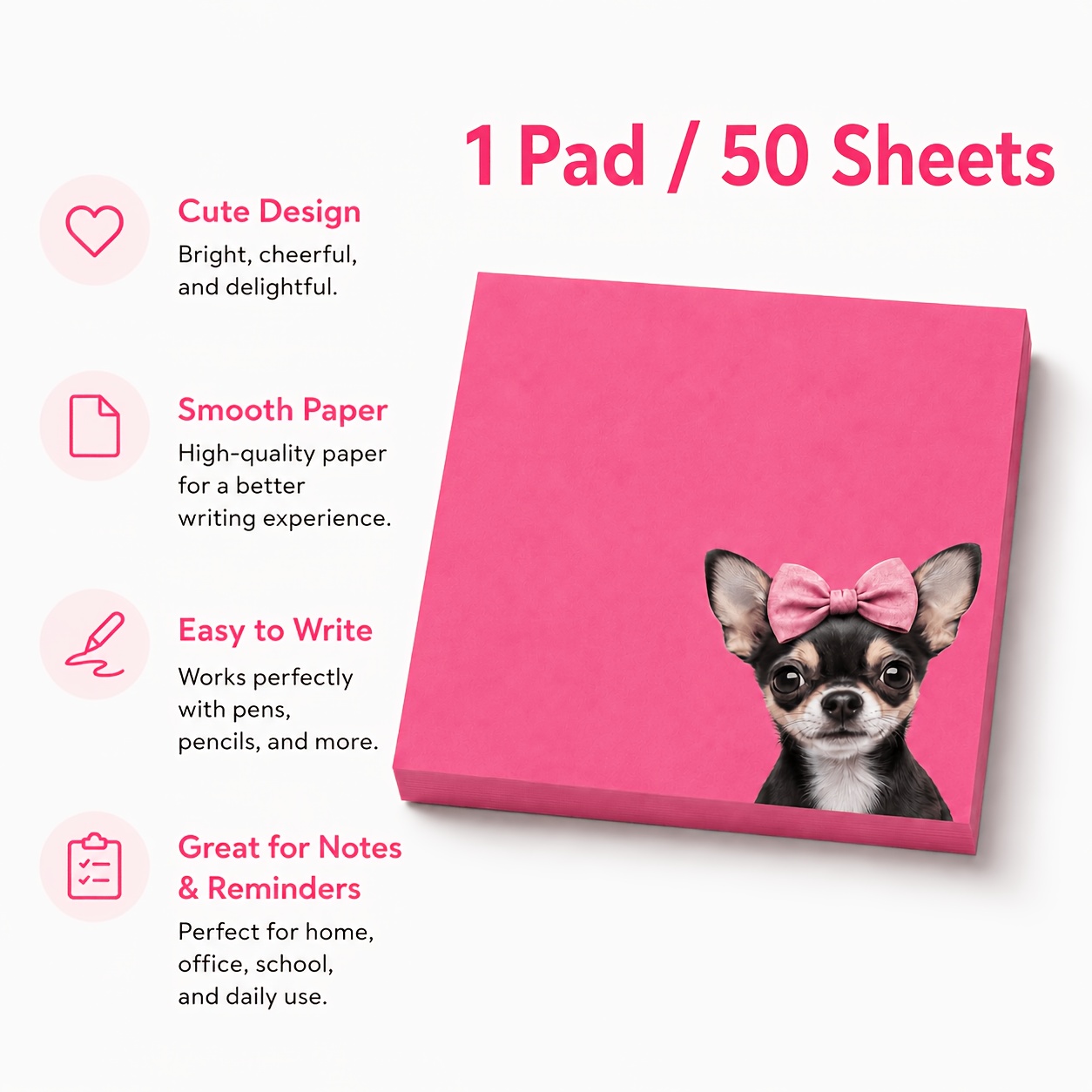 TEMU 50 Sheets/1pc Pack Cute Chihuahuas Puppies Sticky Notes, Pink Bowknot Dog Book, Suitable For To-do Lists, Study, Work And Daily Reminders,