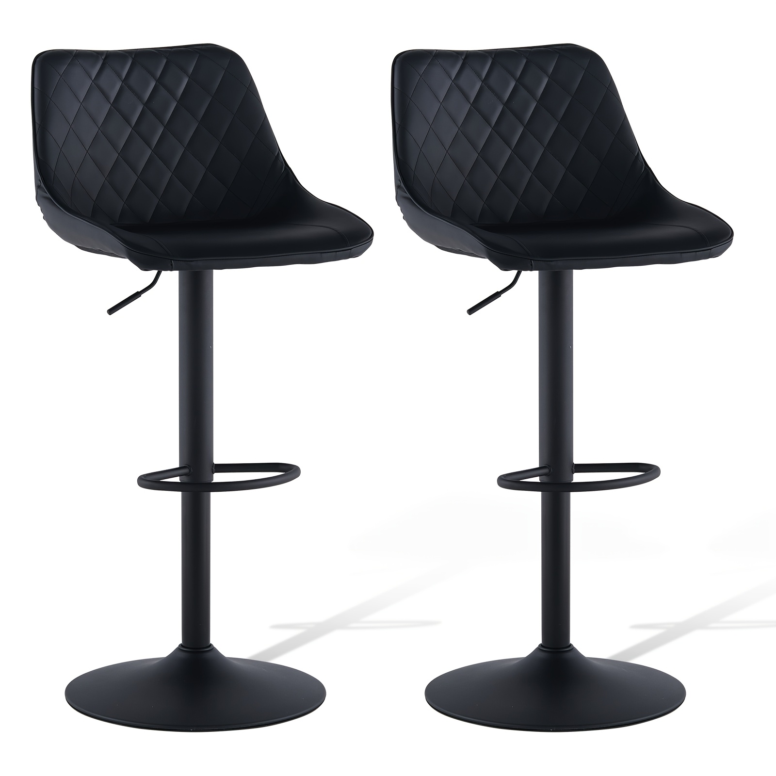 TEMU Modern Industrial Black Diamond Quilted Pu Adjustable Bar Stools Set Of 2, Height Adjustable, Large Base & Footrest, Black Sandblasted Frame
