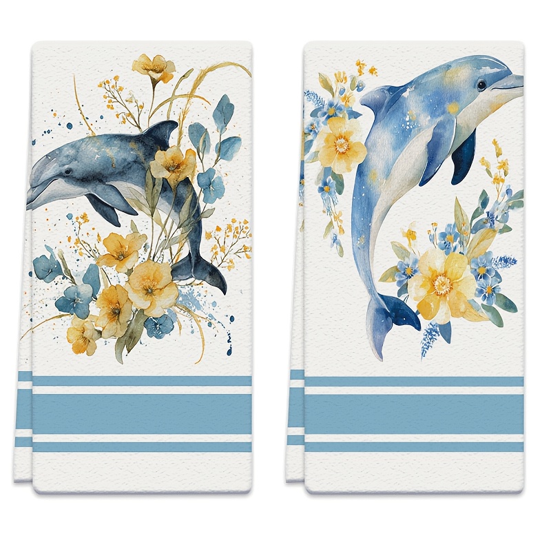 TEMU 2pcs Dish Towels 18x26 Inches With Dolphin, Floral, And Blue Designs, Made Of Microfiber For Absorbing Water, Suitable For Home Kitchen Cooking,