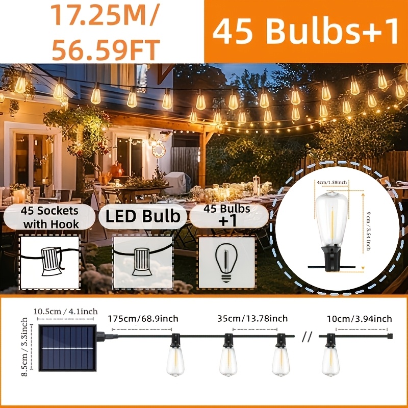 Image of St38 Outdoor String Lights, 7/.5/17.25/18m Led Ip65 Shatterproof 8 Fairy Lights, Long Lasting Outdoor Fairy Lights, Extendable Fairy Lights For Cafe, Patio, Gazebo, Wedding Party Decor