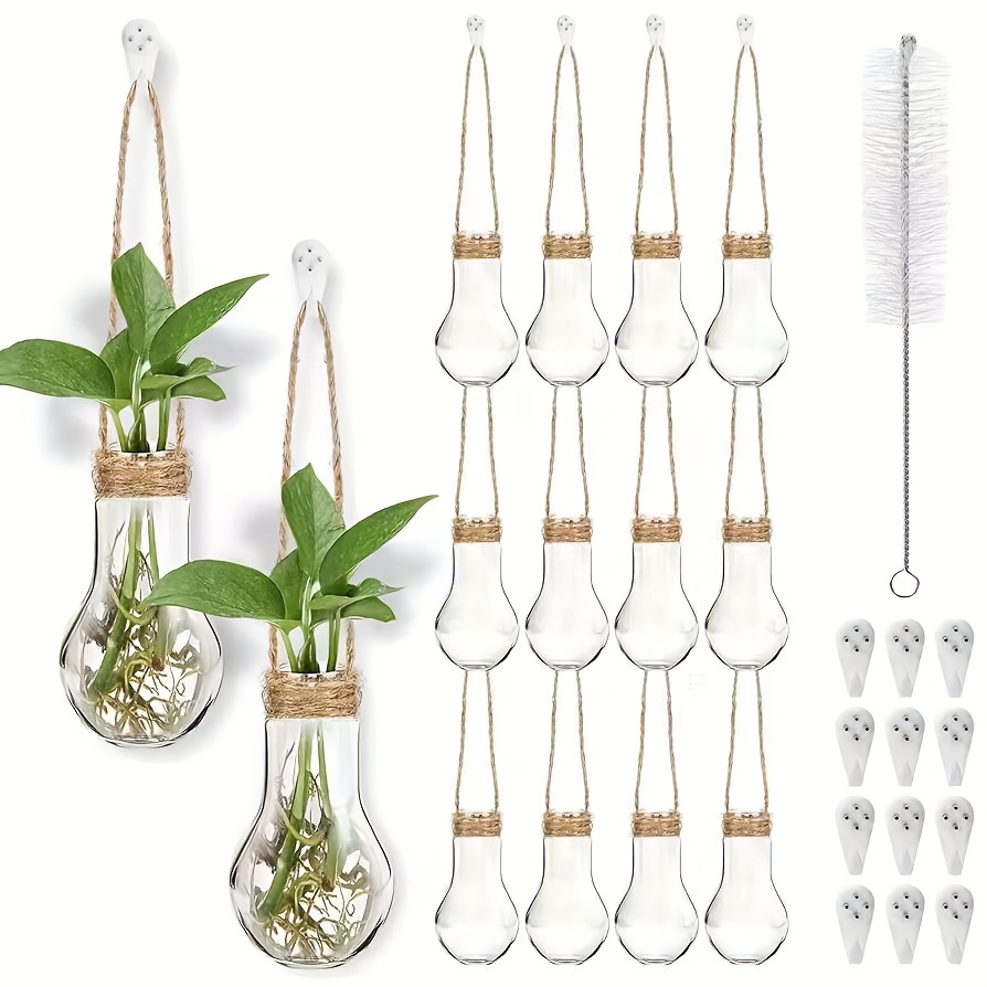 12pcs set of plastic light bulb bottles plastic plant propagation tubes wall plant propagation flower stand hanging storage plastic container   station vase bag brush